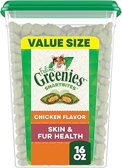 FELINE GREENIES SMARTBITES Skin & Fur Health Crunchy and Soft Textured Adult Natural Cat Treats, Chicken Flavor, 16 oz. Tub