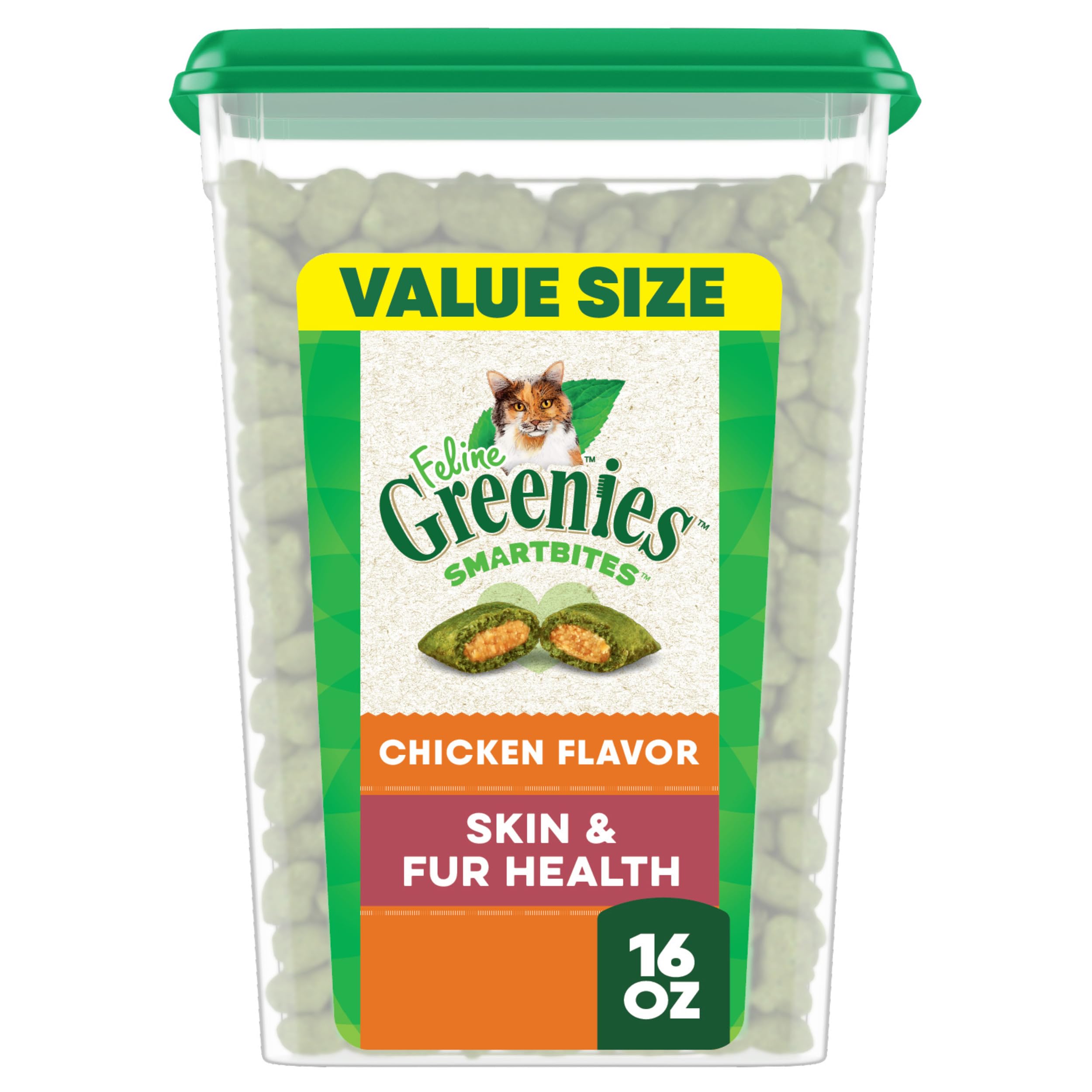 GreeniesFeline Smartbites Skin & Fur Health Crunchy and Soft Cat Treats, Chicken Flavor, 16 oz. Tub