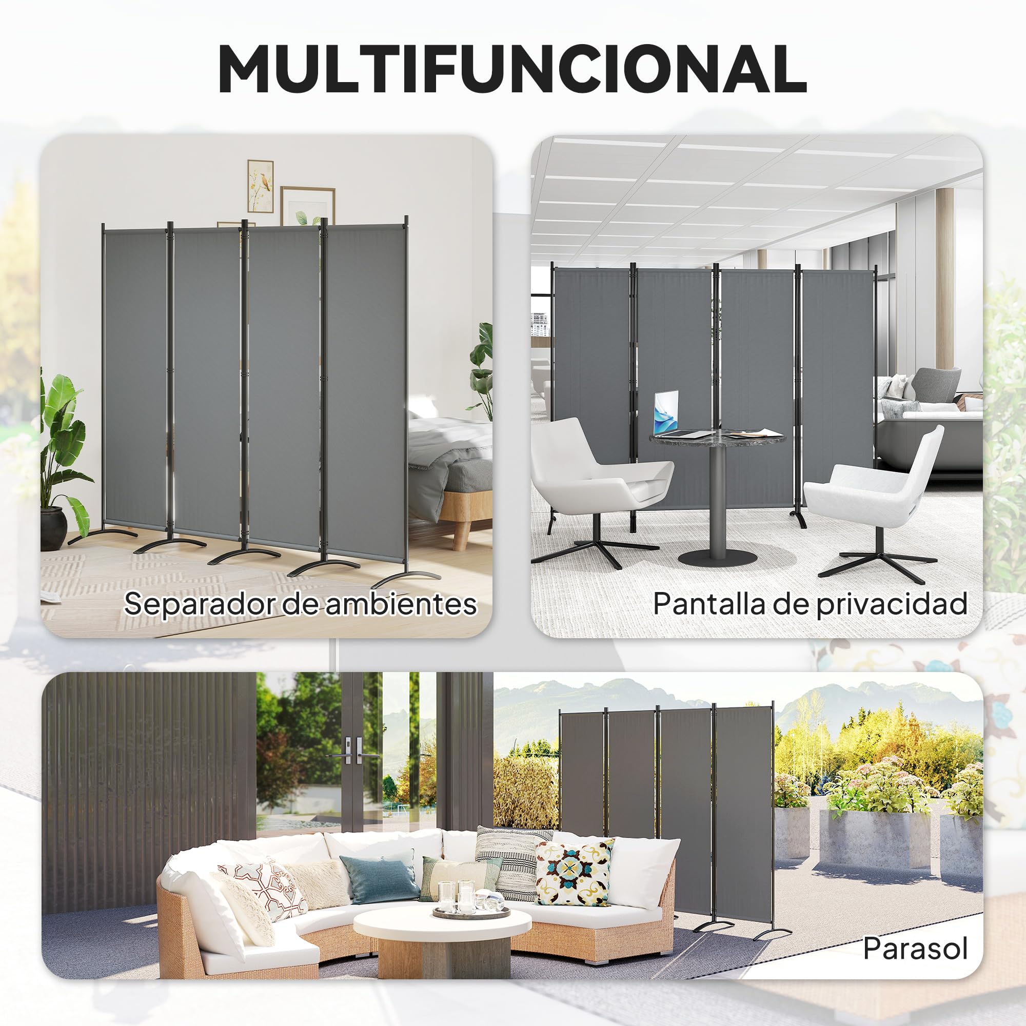 Outsunny Biombo Separador de Ambientes de 4 Paneles, 221x172 cm, Pantalla de Privacidad Plegable con Patas Anchas, Biombo Interior para Salón, Oficina, Dormitorio, Gris Oscuro
