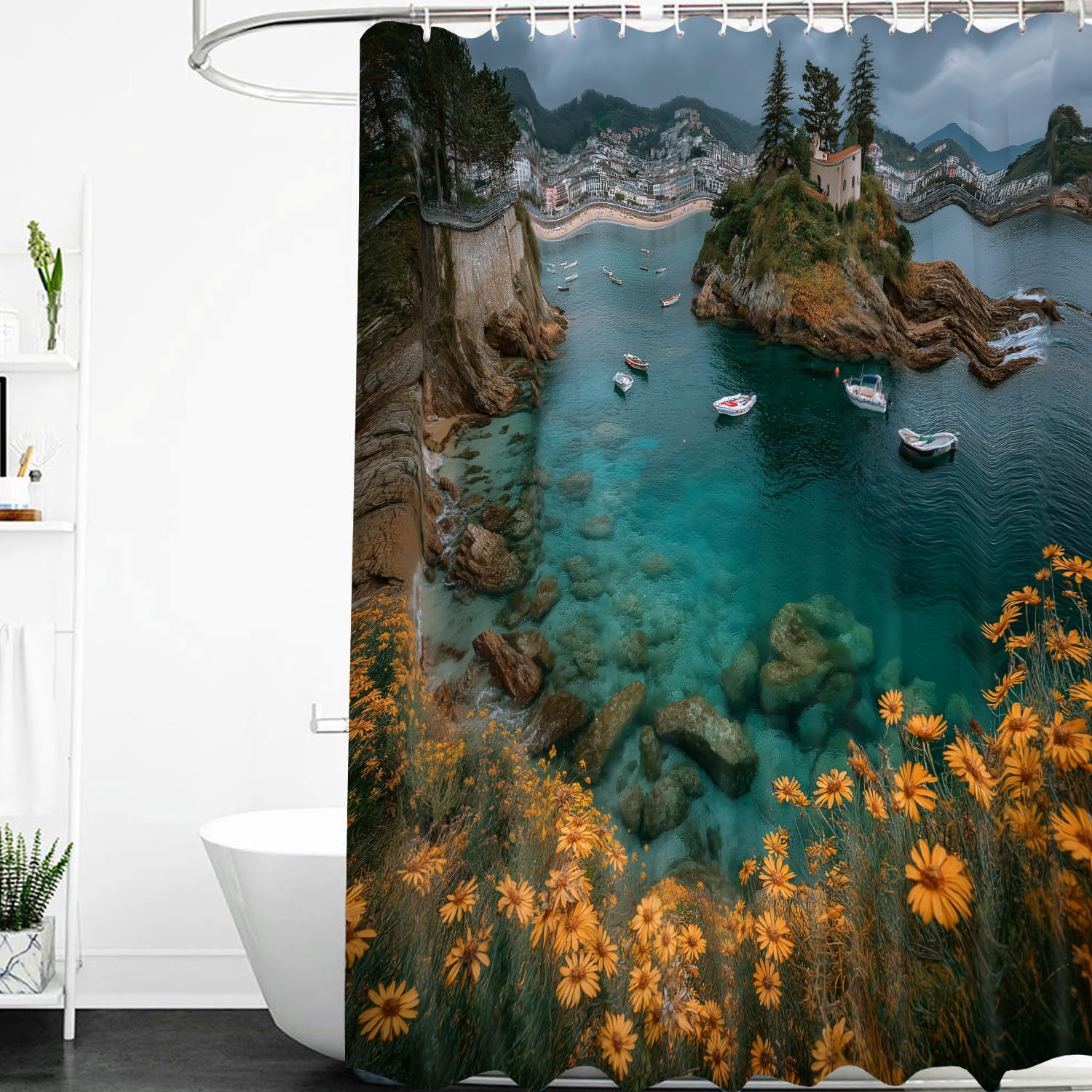Cortina de Ducha de Pueblo Costero para Baño,con Estampado de Aguas Turquesas,Barcos y Flores Amarillas,Tela de Poliéster Impermeable con Ganchos de Plástico,200Anx200Alcm (1 Panel)