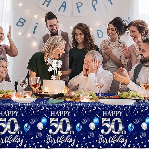 Miniatura 39 de GREHUMOR Mantel de feliz cumpleaños de 3 piezas, color azul plateado, suministros para fiesta de cumpleaños 30, funda de mesa desechable de plástico