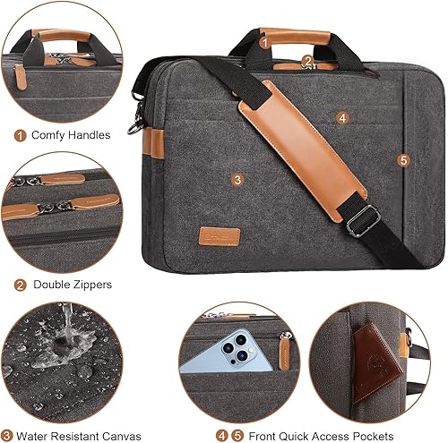 Miniatura 10 de Estarer Bolsa mensajera para computadora portátil para hombre, mochila para laptop de 17 a 17.3 pulgadas, bolsa de hombro de nailon resistente al