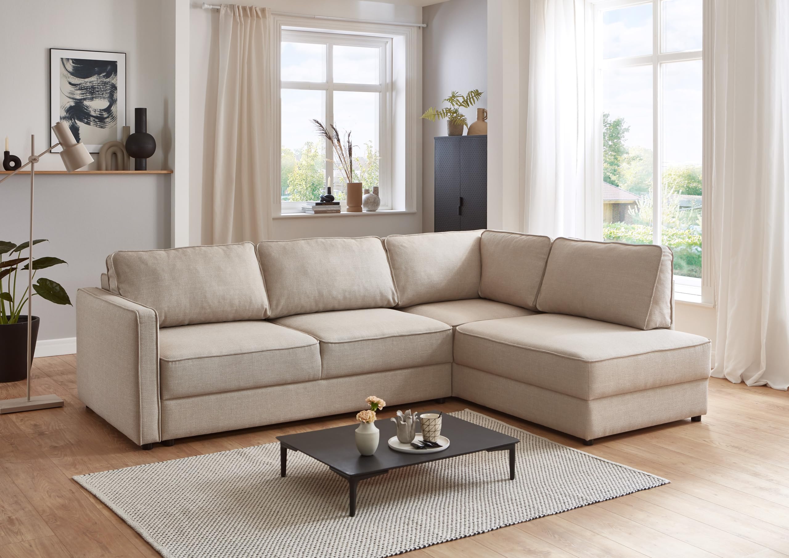 ATLANTIC home collection Eckgarnitur Chill, Schlaffunktion (ca. 135x230 cm), inkl. Bettkasten, frei im Raum stellbar, Wellenunterfederung, Ecke rechts, Creme, BxTxH: 250x200x86cm