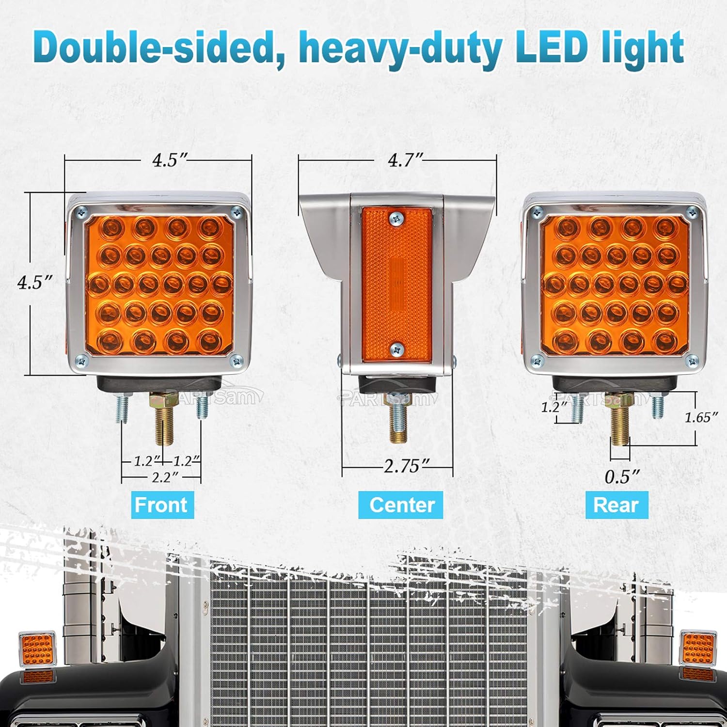 Partsam 2Pcs Double Face Trailer Pedestal Turn Signal Parking Lights with Chrome Visors, Amber/Amber Dual Face Square 52 LED Fender Stud Mount Light for Trucks Trailers, Dual Studs