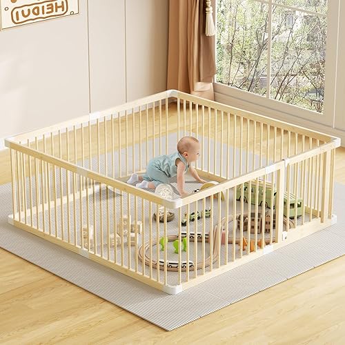 Miniatura 2 de Corralito grande de madera para bebés, puerta ajustable para niños pequeños y bebés, valla plegable con puerta, área de juegos segura y portátil