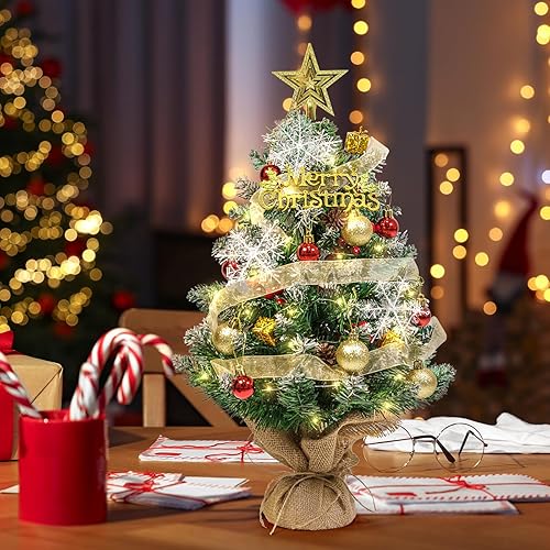Miniatura 5 de Mini árbol de Navidad artificial de mesa con luces LED, estrella y adornos colgantes, árbol de Navidad pequeño de 24 pulgadas para decoraciones