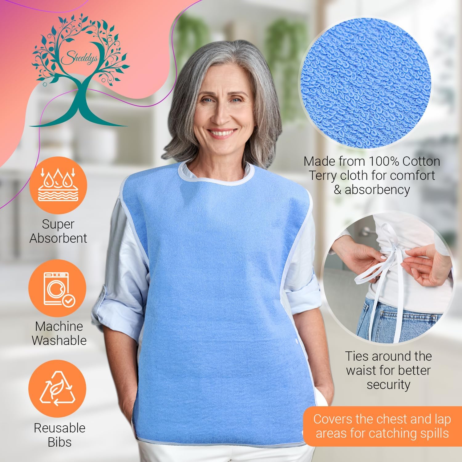 3Pcs Adult Bibs, Washable Clothing Protector with Crumb Catcher, Reusable Waterproof Large Bib for Adults, Feeding Adult bibs for Women Elderly Man Senior Citizens Gifts