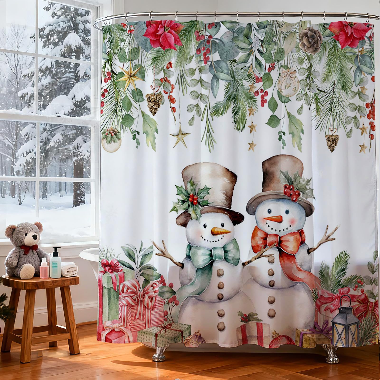 Lindameler Winter Snowman Shower Curtain Eucalyptus Leaves Christmas Flower Shower Curtain for Winter Christmas Bathroom Decor Waterproof Farmhouse
