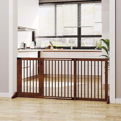 Miniatura 2 de PawHut Puerta ajustable de madera para mascotas, valla independiente para perro, para puerta, pasillo, 3 paneles con barrera de seguridad, puerta