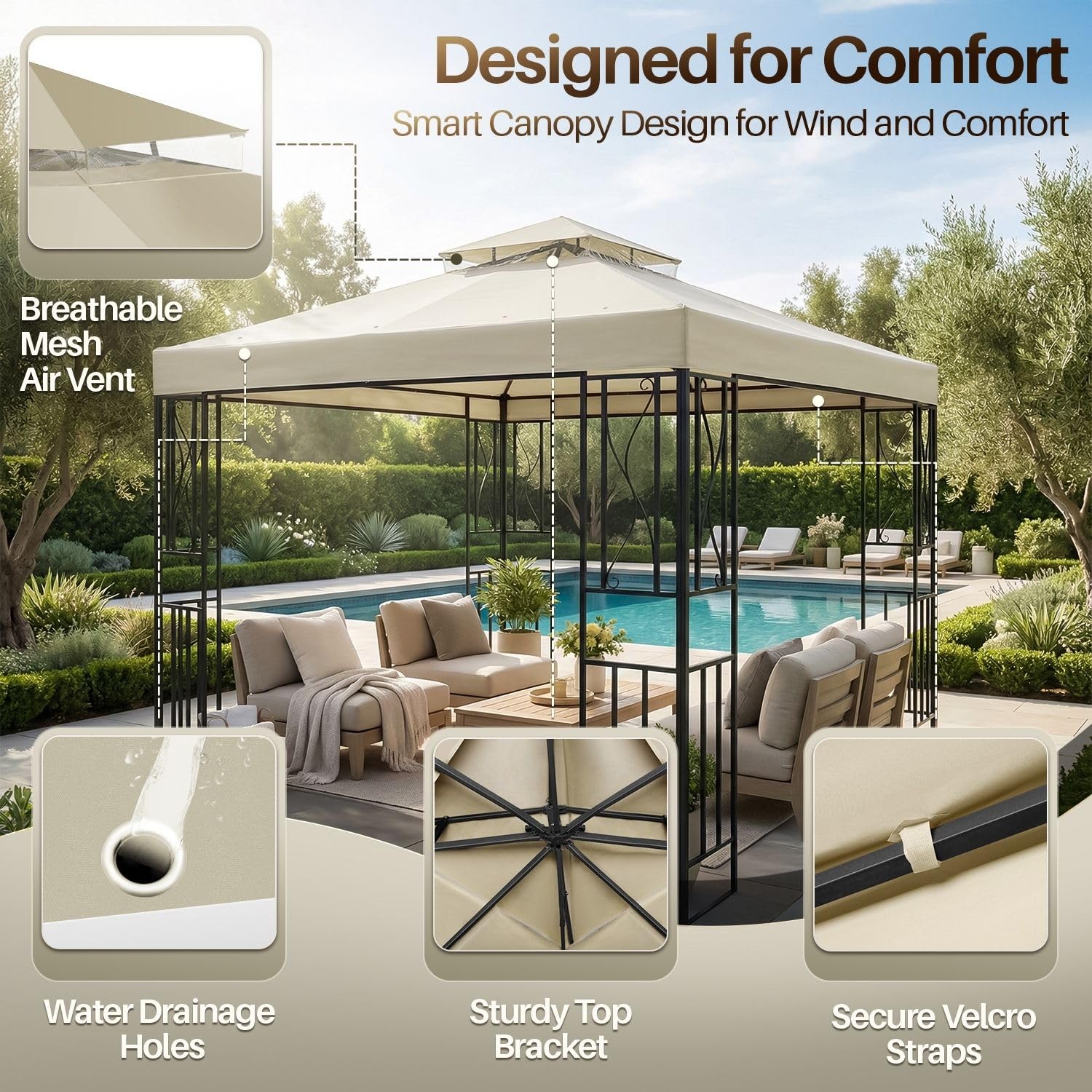Flexzion Housse de Rechange pour tonnelle de 2,4 x 2,4 m – Résistante à l'eau – UV30+ – Résistante à l'eau – pour extérieur, Pare-Soleil, Jardin, terrasse, pavillon (Ivoire)