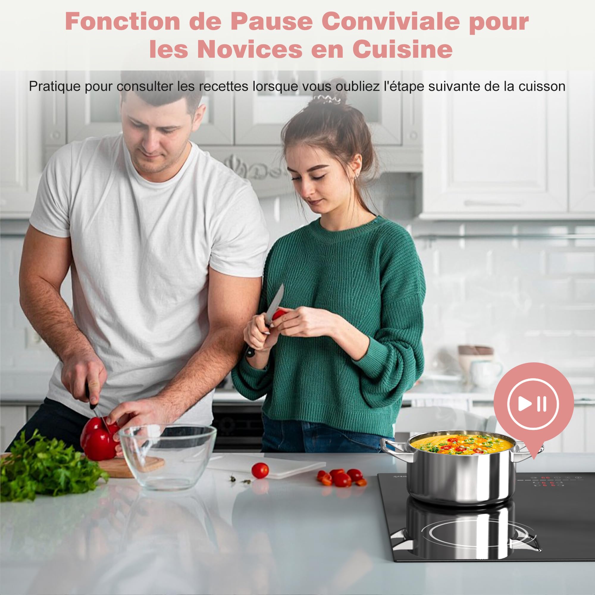 Plaque Induction 4 Feux avec Zone Flexible | Encastrable 60cm, 6400W, Curseur Tactile, Fonction Pause, 9 Niveaux, Minuterie, Verrou de Sécurité, 220V