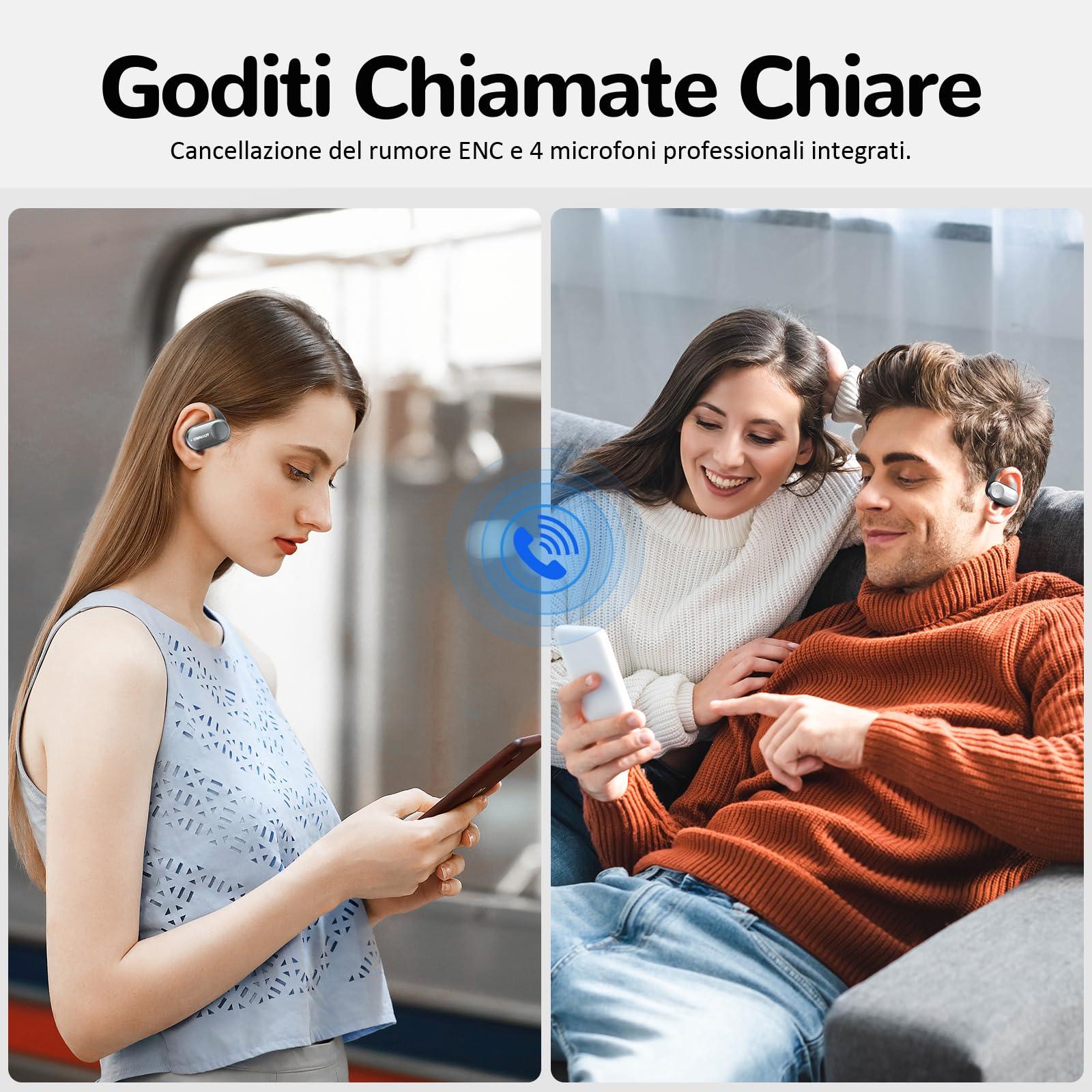 Open Ear - Cuffie Bluetooth 5.3, controllo touch senza fili, per sport, senza fili, con bassi aperti, 50 ore di autonomia, compagni in ufficio, tempo libero e sport