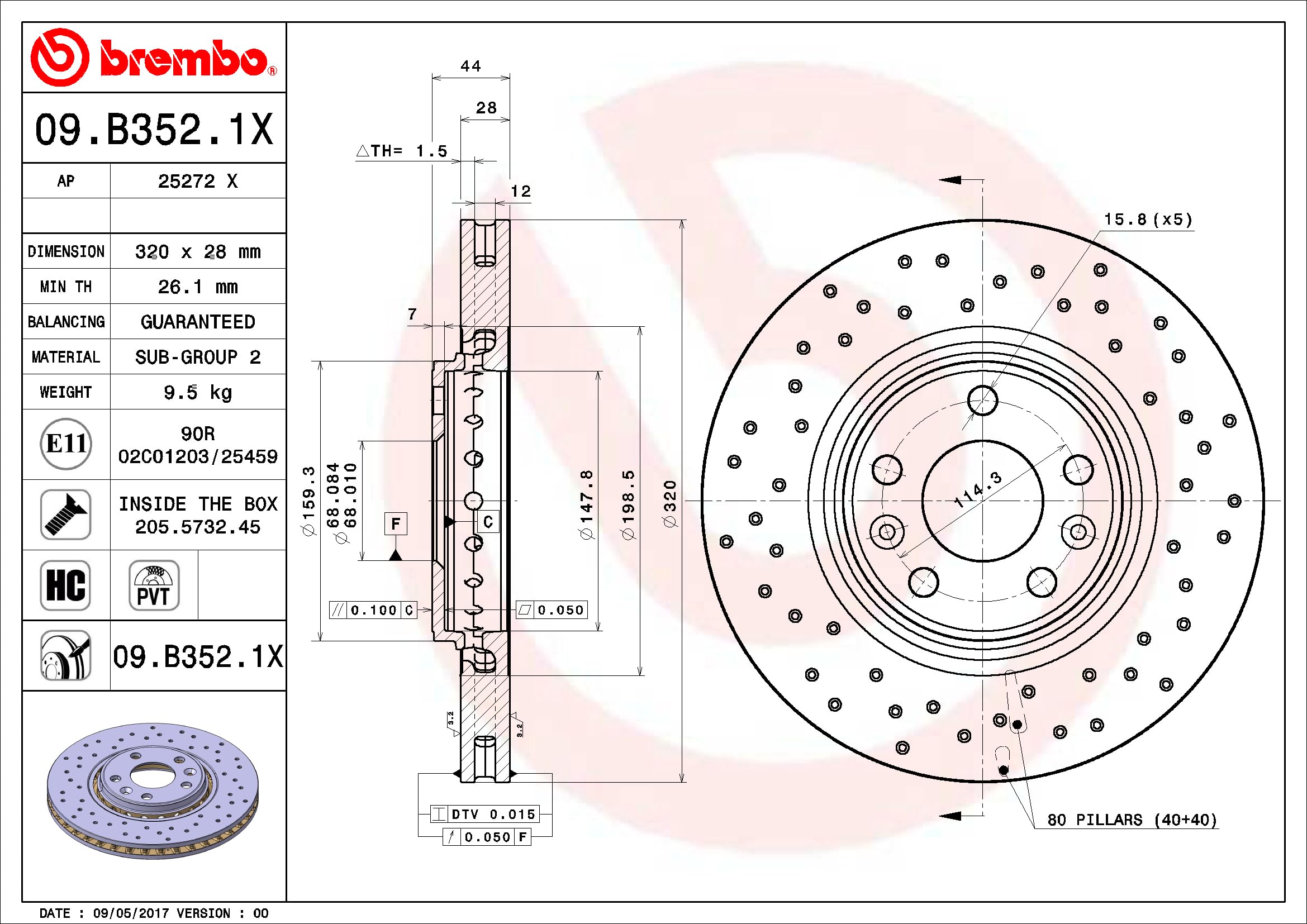 Brembo Xtra 09.B352.1X - Disco Freno Forato Anteriore, Set di 1
