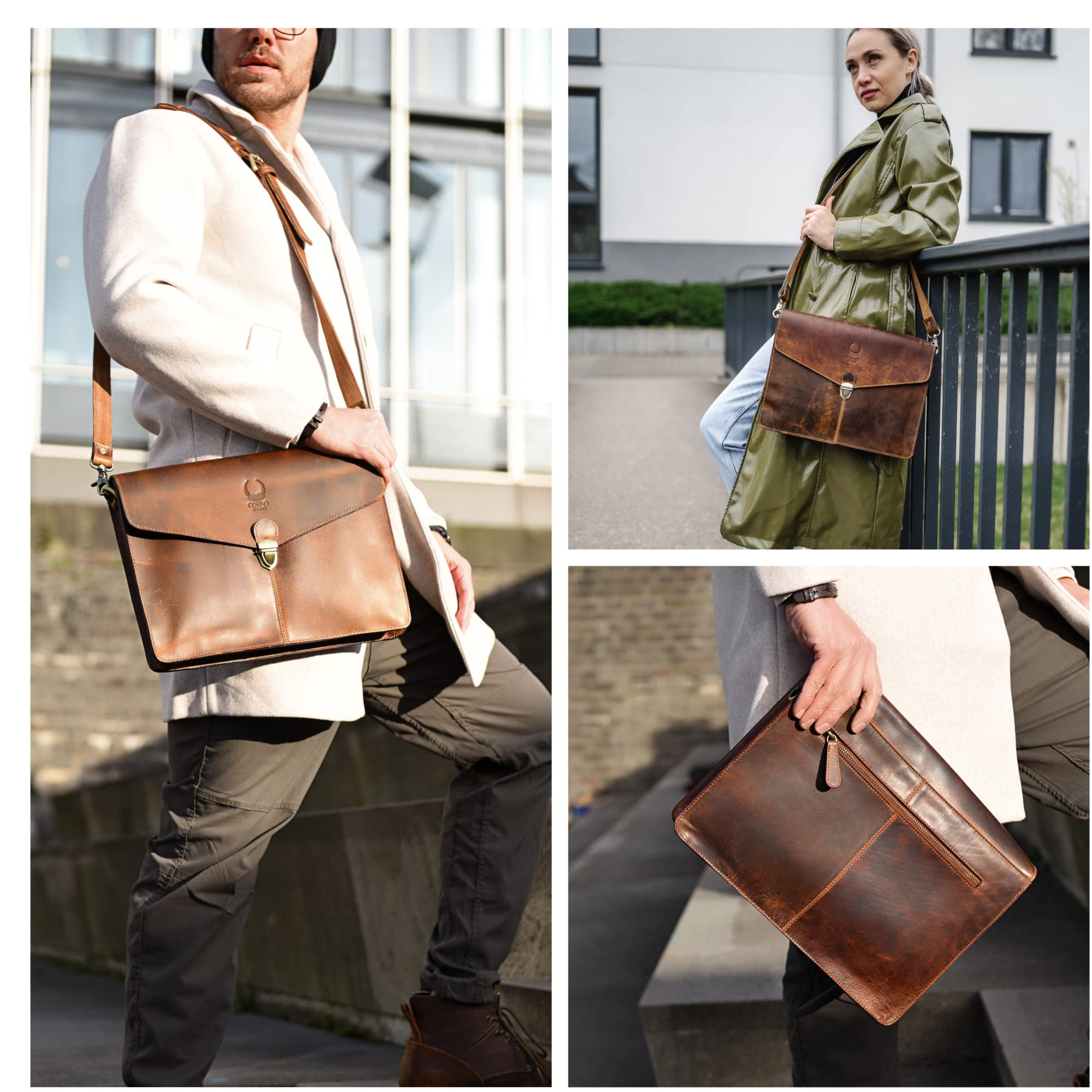 Corno d´Oro Premium Laptoptasche 14 Zoll Laptop Leder I Handgefertigte MacBook Tasche Echt Leder I Umhängetasche Herren Klein Braun für DIN A4 Größe