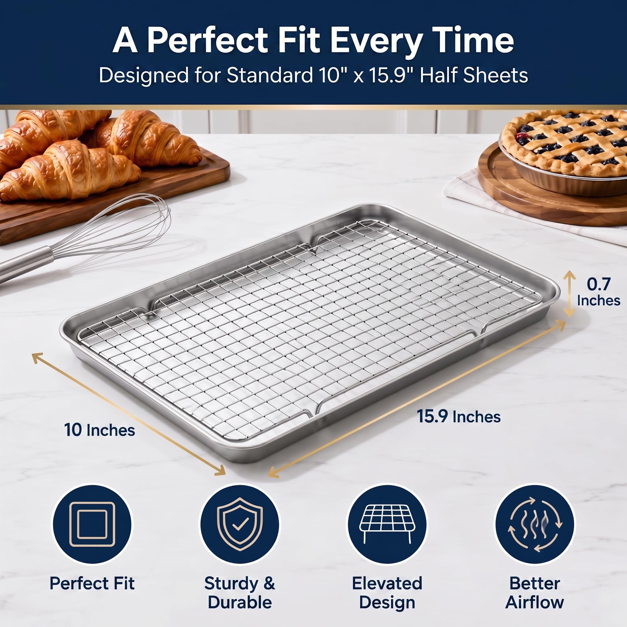 Griglia di raffreddamento per cucinare e cuocere in forno, confezione da 3, 25,4 x 40,6 cm, in acciaio inox, adatta al forno a 260 °C, resistente e resistente alle deformazioni, adatta per