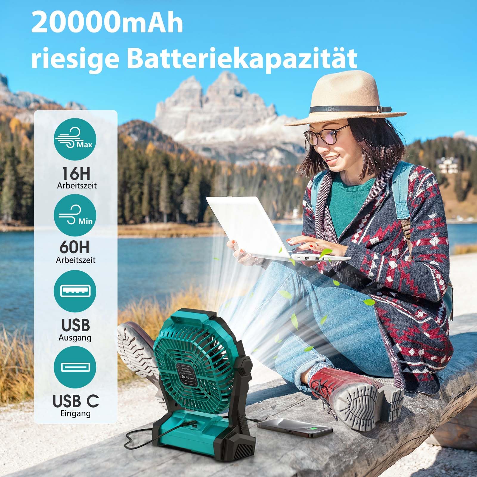 PDBEST Ventilatore Portatile da 20000 mAh Ventilatore USB con Lampada LED, Ventilatore da Tavolo con Batteria e Porta Type-C, Perfetto per Campeggio, Viaggi e Spiaggia Verde