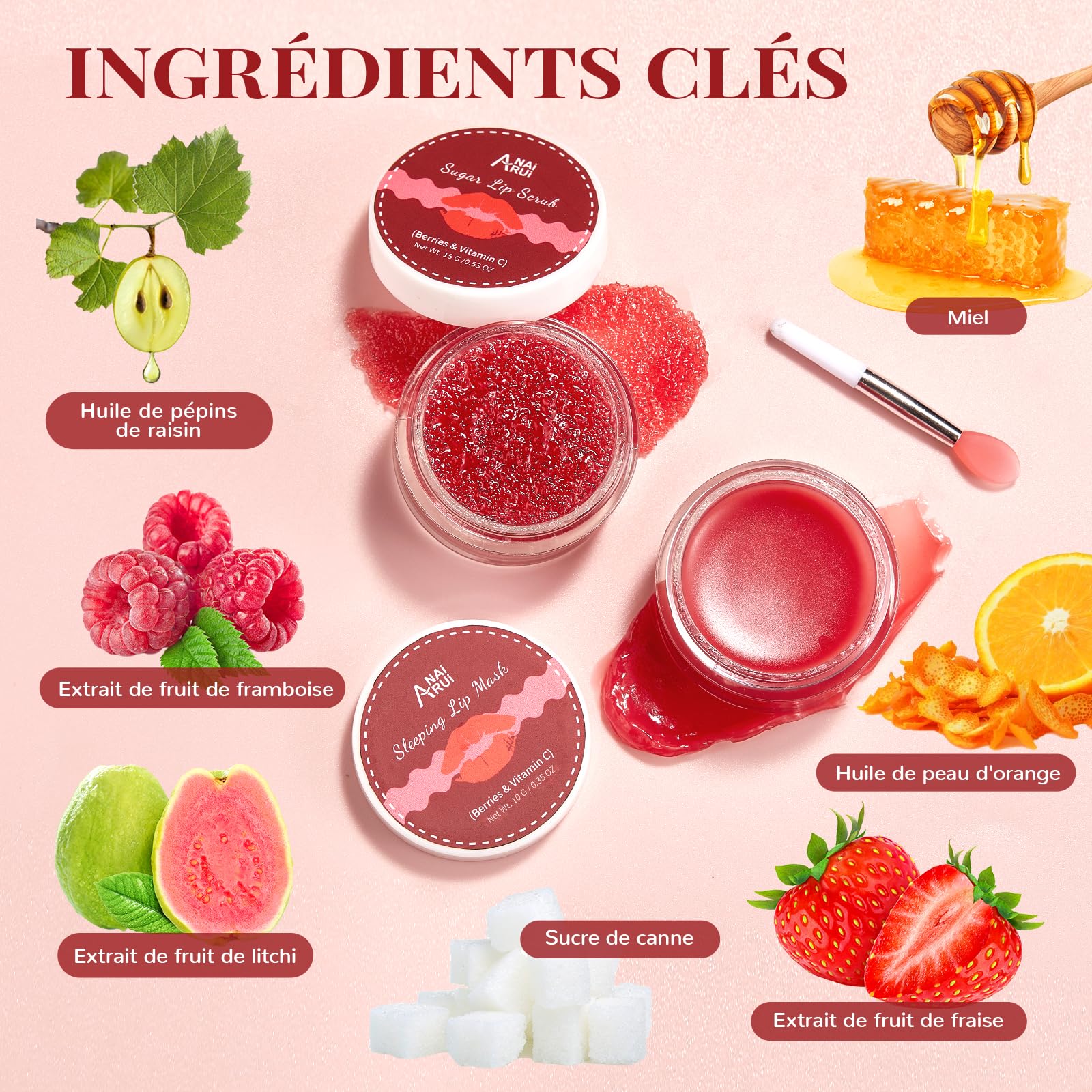ANAiRUi Kit de Soin pour les Lèvres - Ensemble de Masque Baume & Gommage Sucré - Masque de Nuit (Baies + Vitamine C)