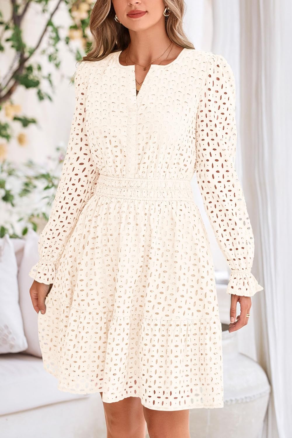 PRETTYGARDEN Women's 2025 Long Sleeve Mini Dress Eyelet V Neck A Line Casual Elegant Holiday Wedding Guest Party Dresses - Image 7