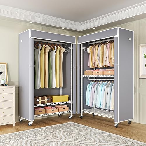 Miniatura 6 de FUTASSI Perchero de ropa blanco con cubierta gris, P1C Perchero rodante de armario con ruedas, perchero de metal para colgar ropa, armario de