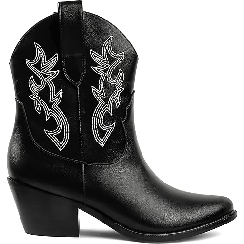 Zzheels Embroidered Western Cowboy Boots for Women Ankle High Cowgirls Chunky Heel Pointed Toe Pull-On Classic Boots