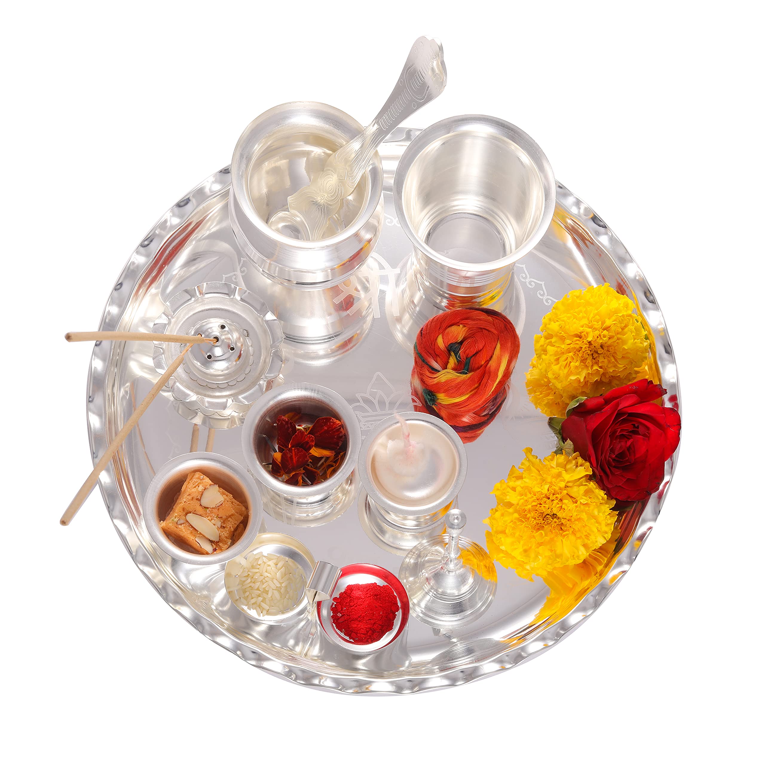 Aashita Creations Puja thali placcato argento per aarti, occasiona regali e decorazioni Set di 10 articoli Pooja (26 x 26 x 6,5 cm, argento)