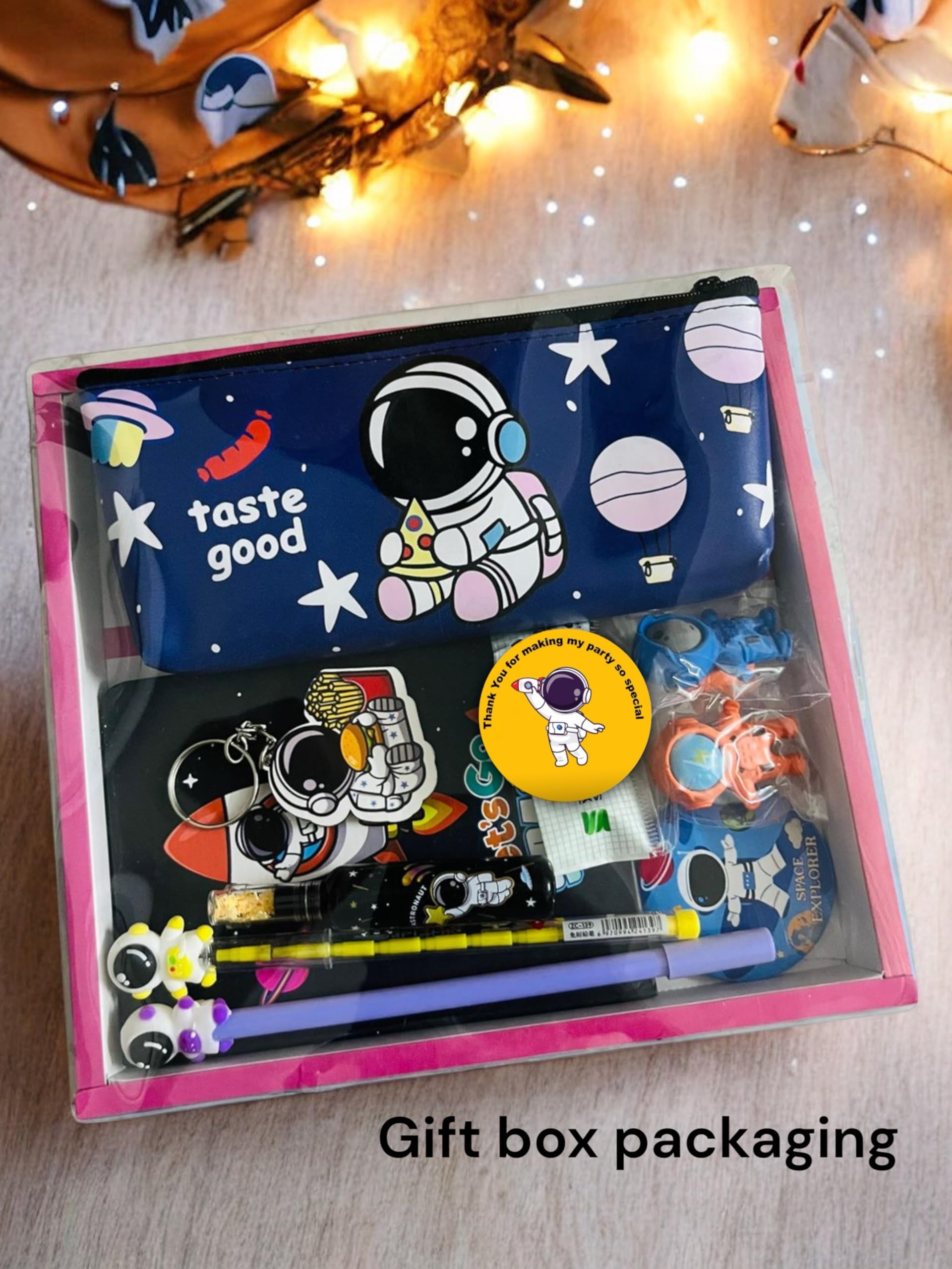 Le Delite Kids Space Astronaut Planet Theme Stationery Set-7-Piece Combo with Diary,Pouch,Eraser,Pen,Pencil,Keychain & Badge for Boys & Girls,Perfect Return Gift(Dark Blue with Box Packing),100 Pages