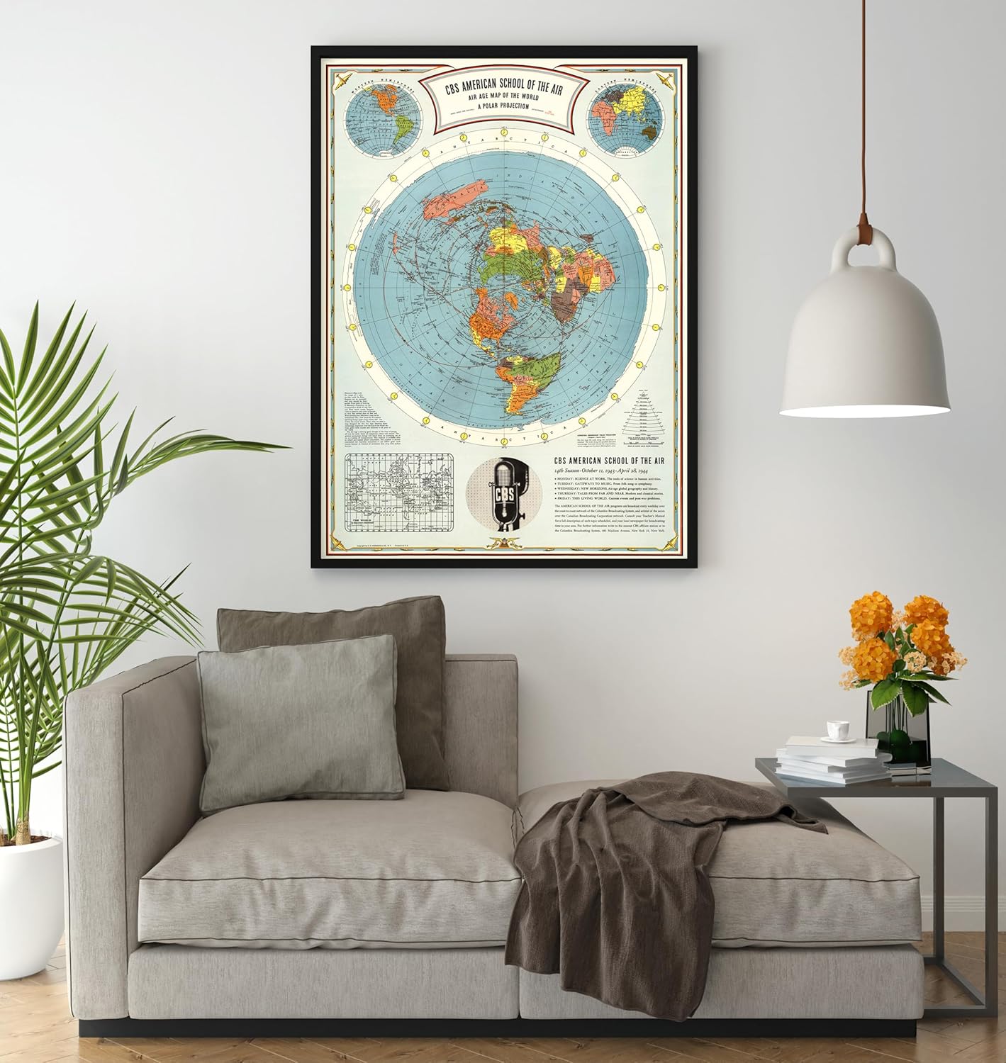 Historic Pictoric Flat Earth Map: 1943 CBS American School of the Air Age Map of the World, A Polar Projection, 1943 - Vintage Wall Art - 18in x 24in