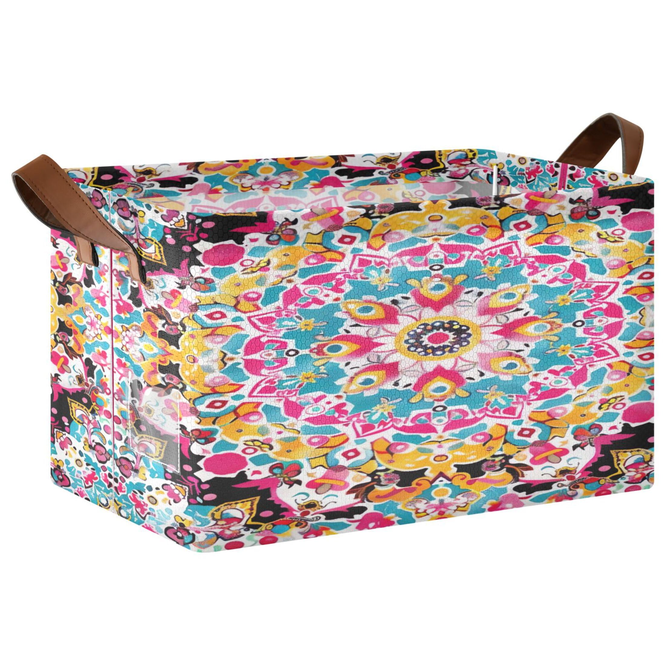 Kutsu Foldable Storage Basket Mandala Collapsible Storage Bin with Handles for Shelves, Rectangle Basket for Home Nursery Decor, 16.9x11.4x10 in