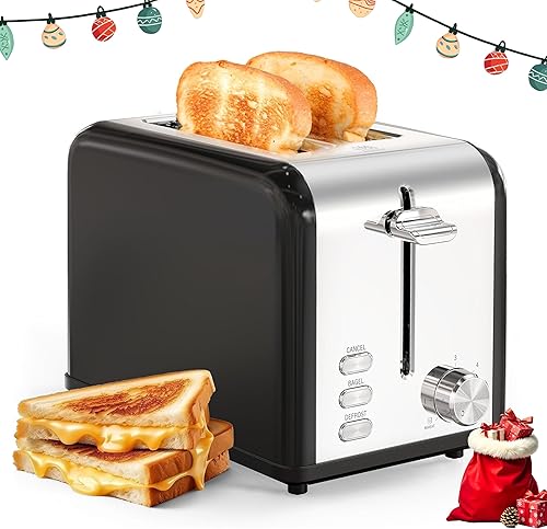 Simple Deluxe Tostadora de 2 rebanadas, tostadora de acero inoxidable, 6 ajustes de tostado y 3 funciones, ranura extra ancha y bandeja extraíble