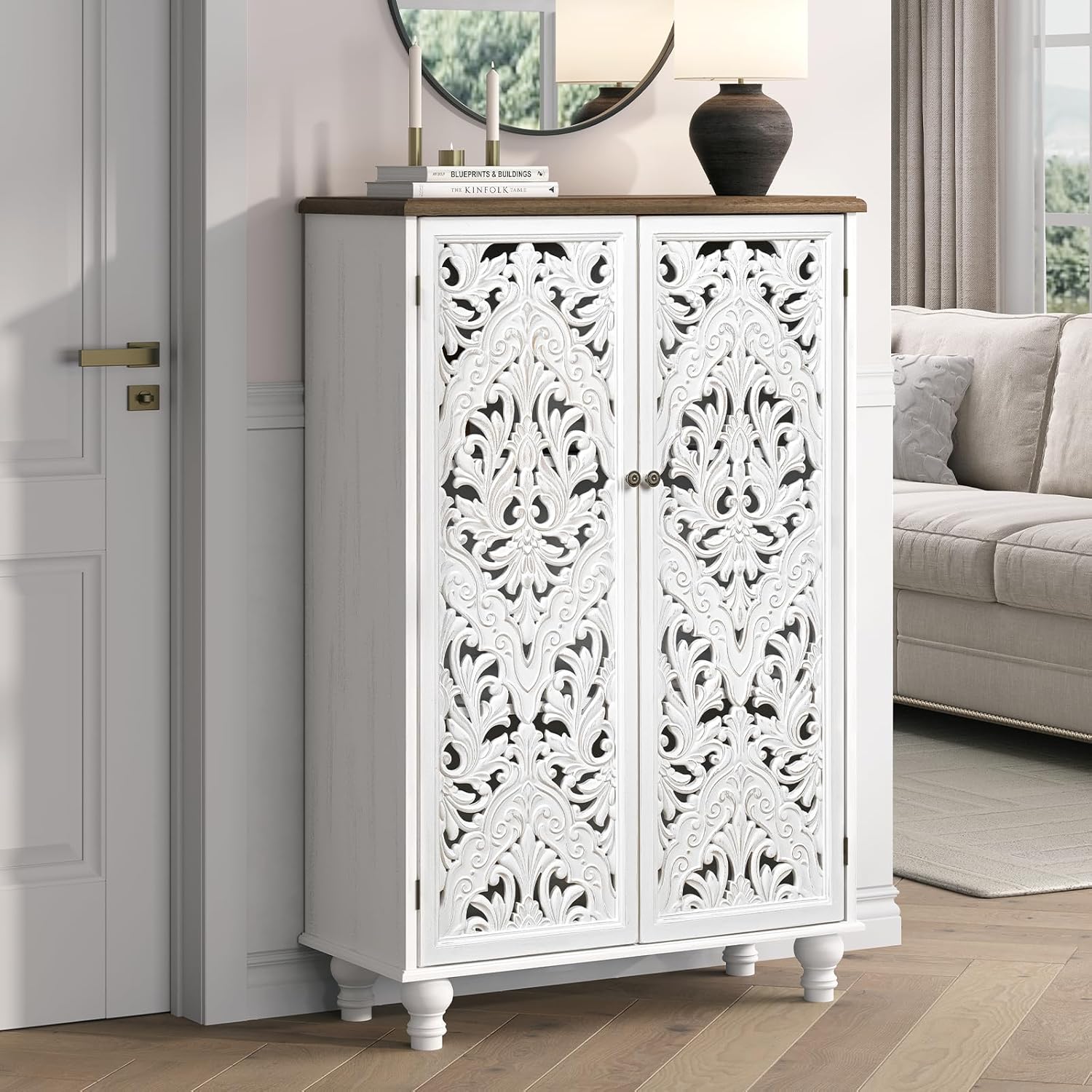47" Tall Accent Cabinet with Carved Doors, Distressed White Wood Storage Cabinet with 3-Tier Shelves, Boho Farmhouse Sideboard Buffet for Small Spaces, Entryway & Living Room