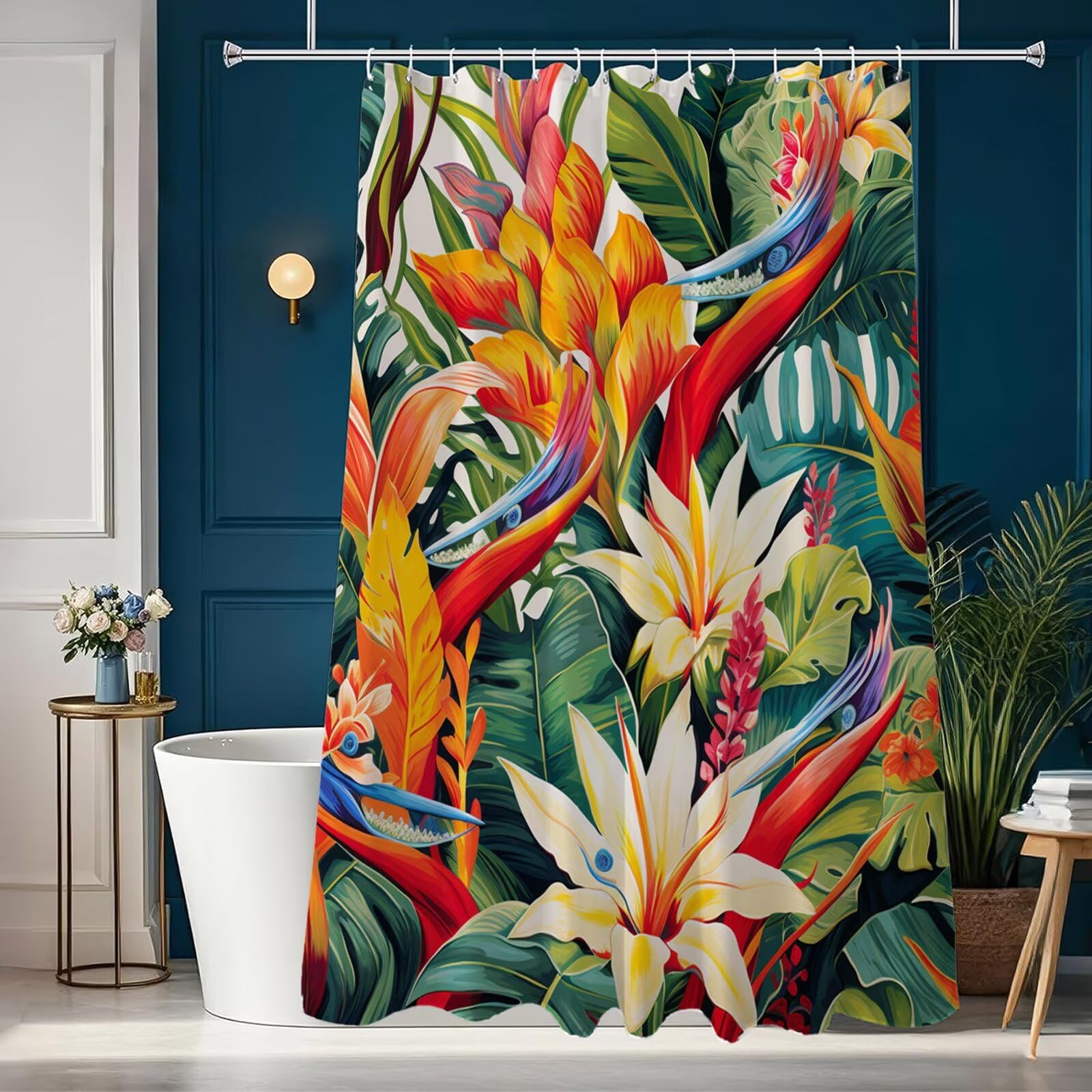 Duschvorhang 220x200 cm Anti Schimmel - Bunt Design - Wasserdicht & Waschbar Schnelltrocknender Polyester Stoff - Inkl. 12 Ringe und Gewicht Shower Curtain für Badezimmer Badewanne, Tropisch J8-146