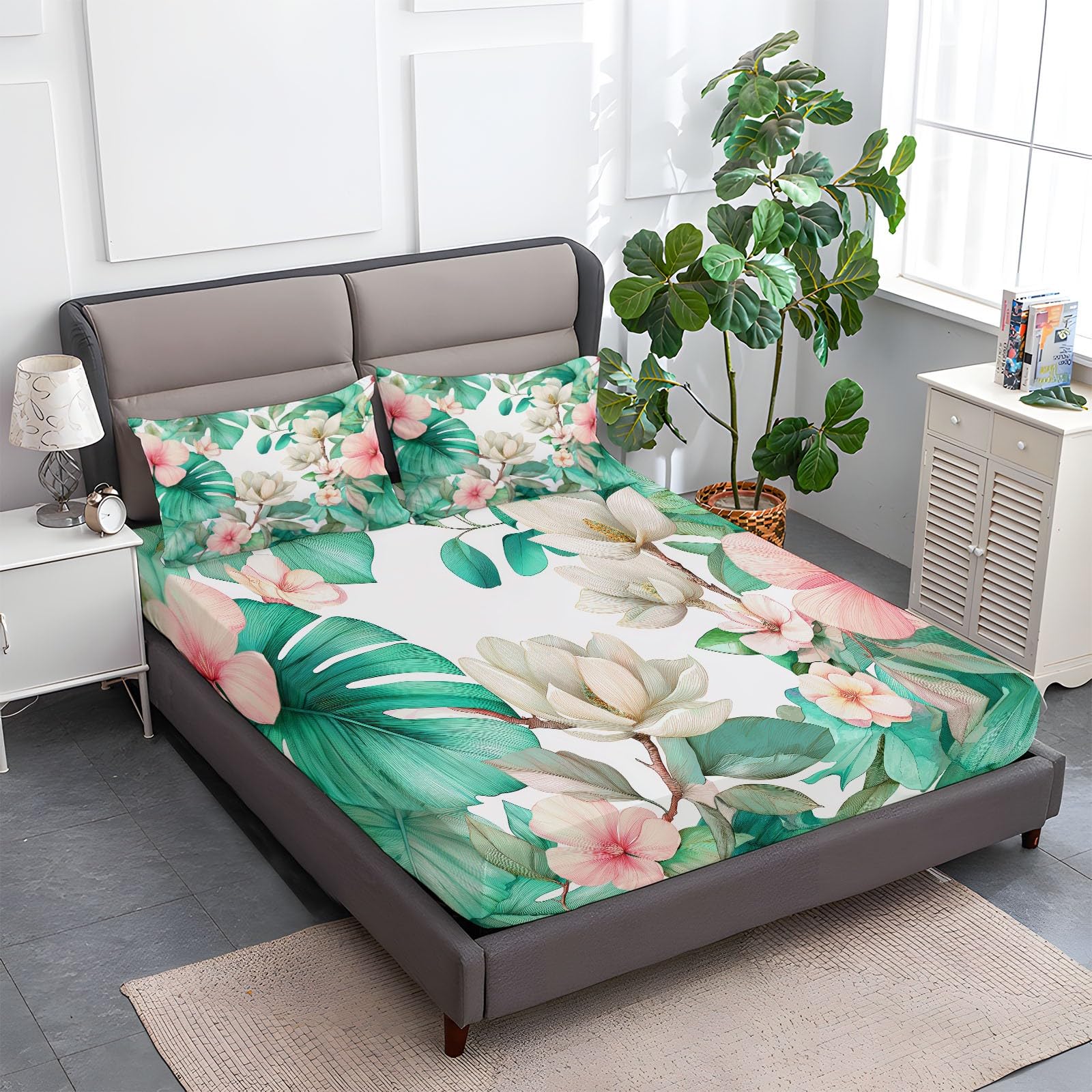 90 x 190 cm, niebiesko-białe prześcieradło z gumką, kwiaty magnolia liście Monstera, miękka czapka z mikrofibry 30 cm, 2-osobowy materac z mikrofibry, bardzo miękki i oddychający z gumką dookoła