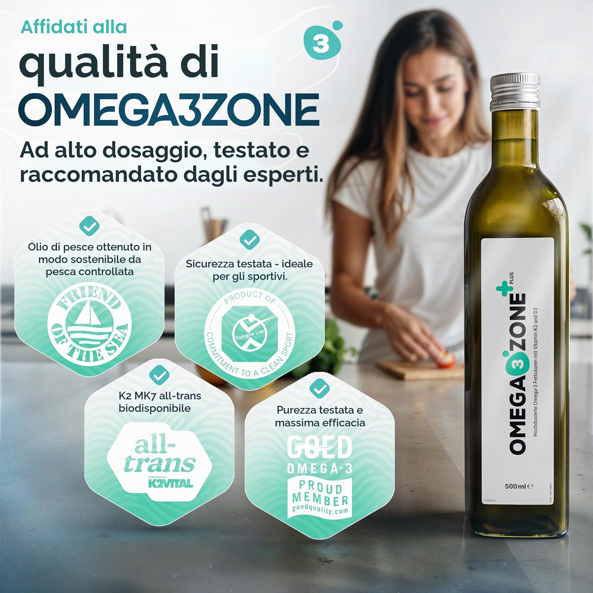 omega3zone Premium Omega-3 Olio con Vitamina D3 K2 – Olio di pesce ad alta concentrazione D3K2 – All trans MK‑7 K2 3.840 mg per porzione – Testato in laboratorio – Prodotto in Germania – Limone 500 ml