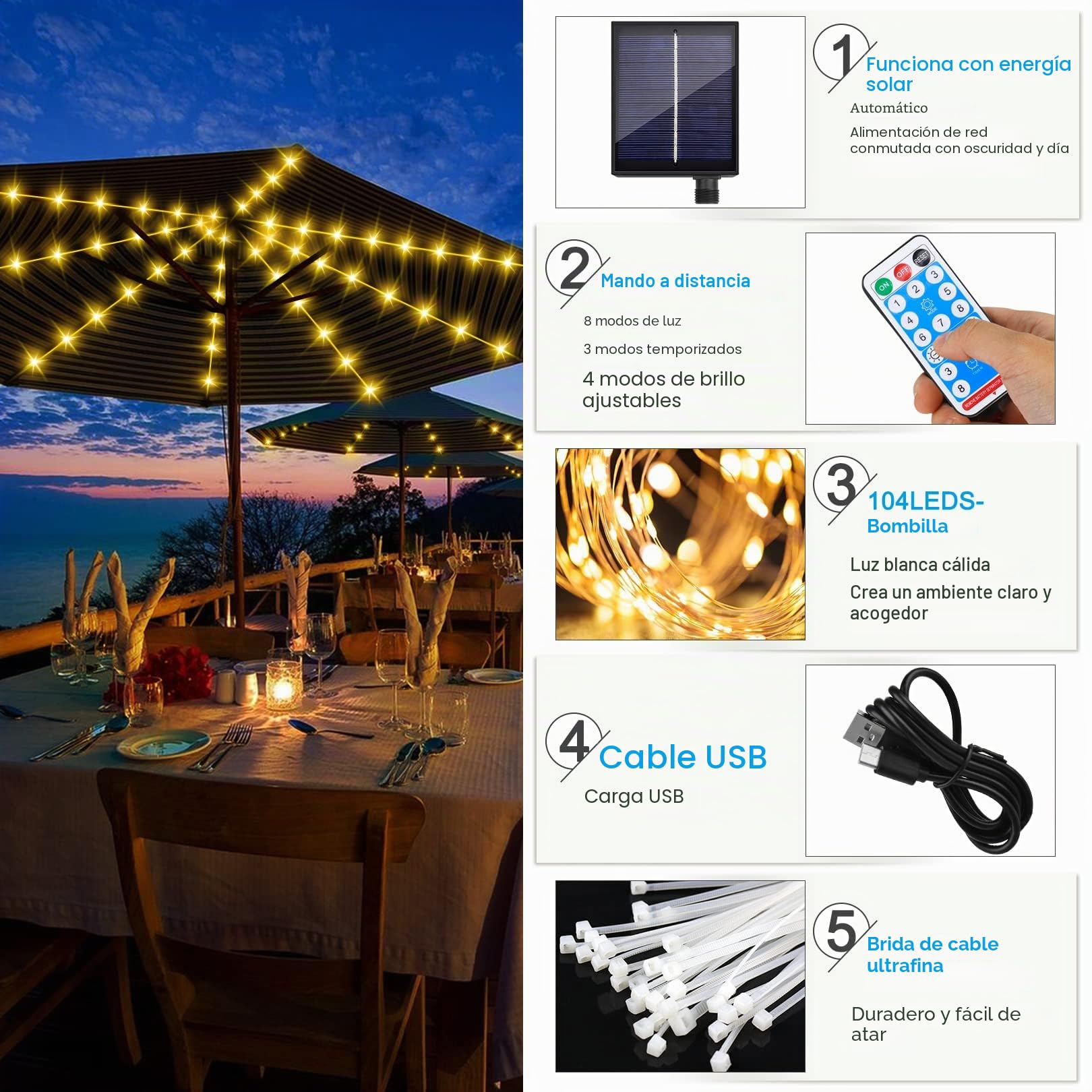 Iluminación solar para sombrilla,cadena de luces con 104 luces LED y mando a distancia de 8 modos,IP67,resistente al agua,para decoración de sombrillas,tiendas de campaña,para interior y exterior