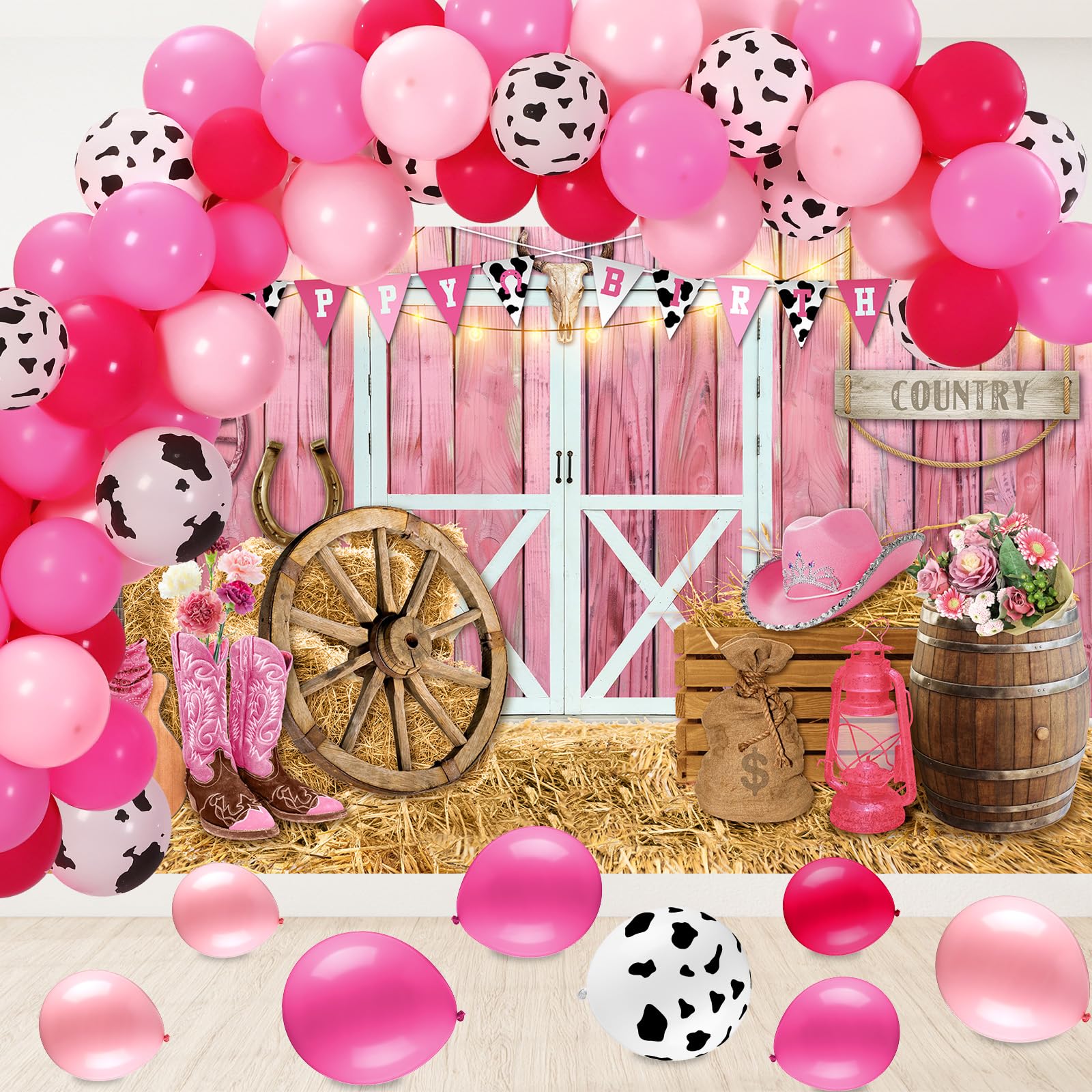 Hollowfly Cowgirl Birthday Party Supplies Western Party Decorations Includes 65pcs Cowgirl Balloons and 1pcs Western Backdrop for Cowboy Rodeo