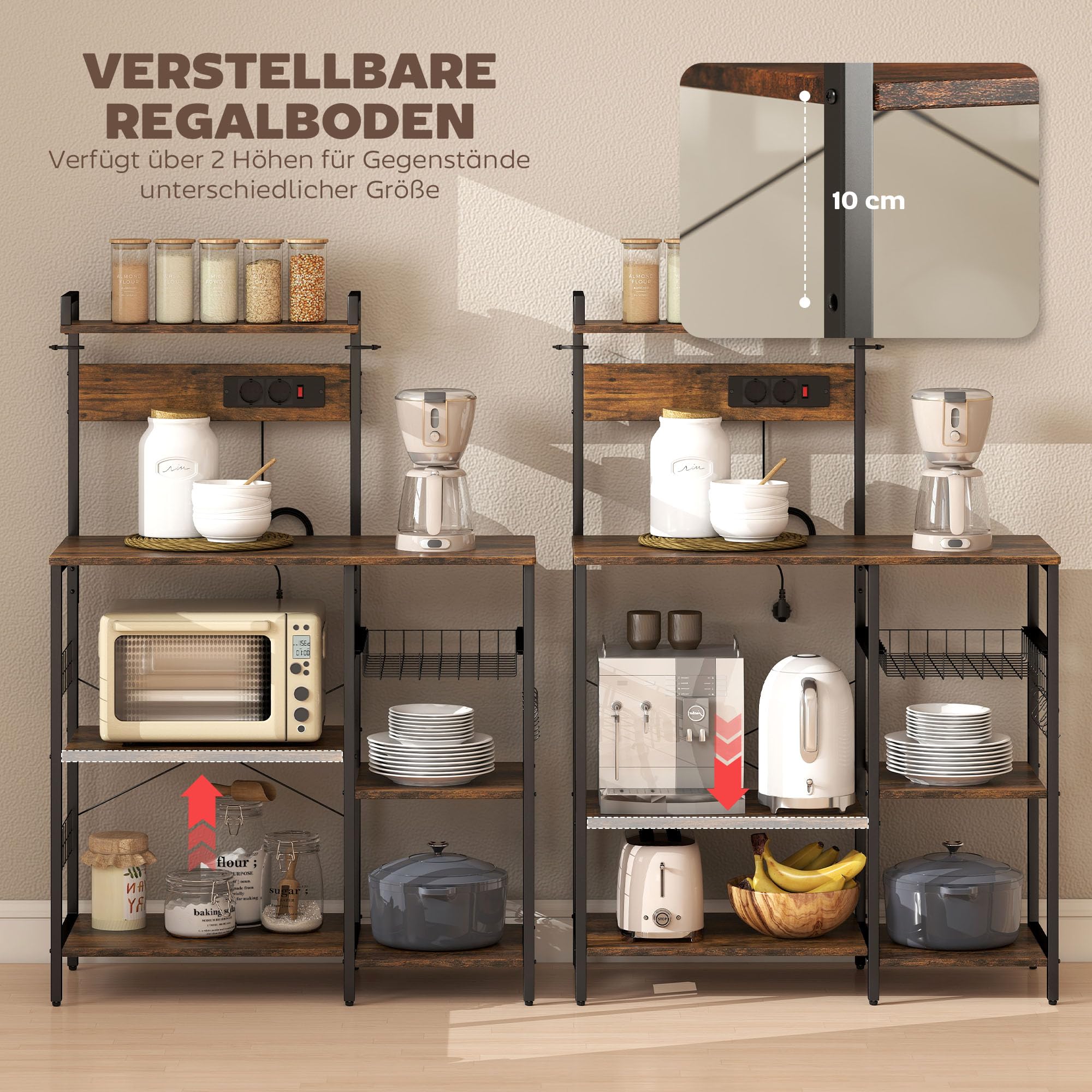 HOMCOM Étagère de cuisine, sur pied, avec 2 prises, 5 crochets en S, 5 étagères, étagère de boulangerie avec panier, barres en X, bar à café en acier, marron rustique, 90 x 42 x 130 cm