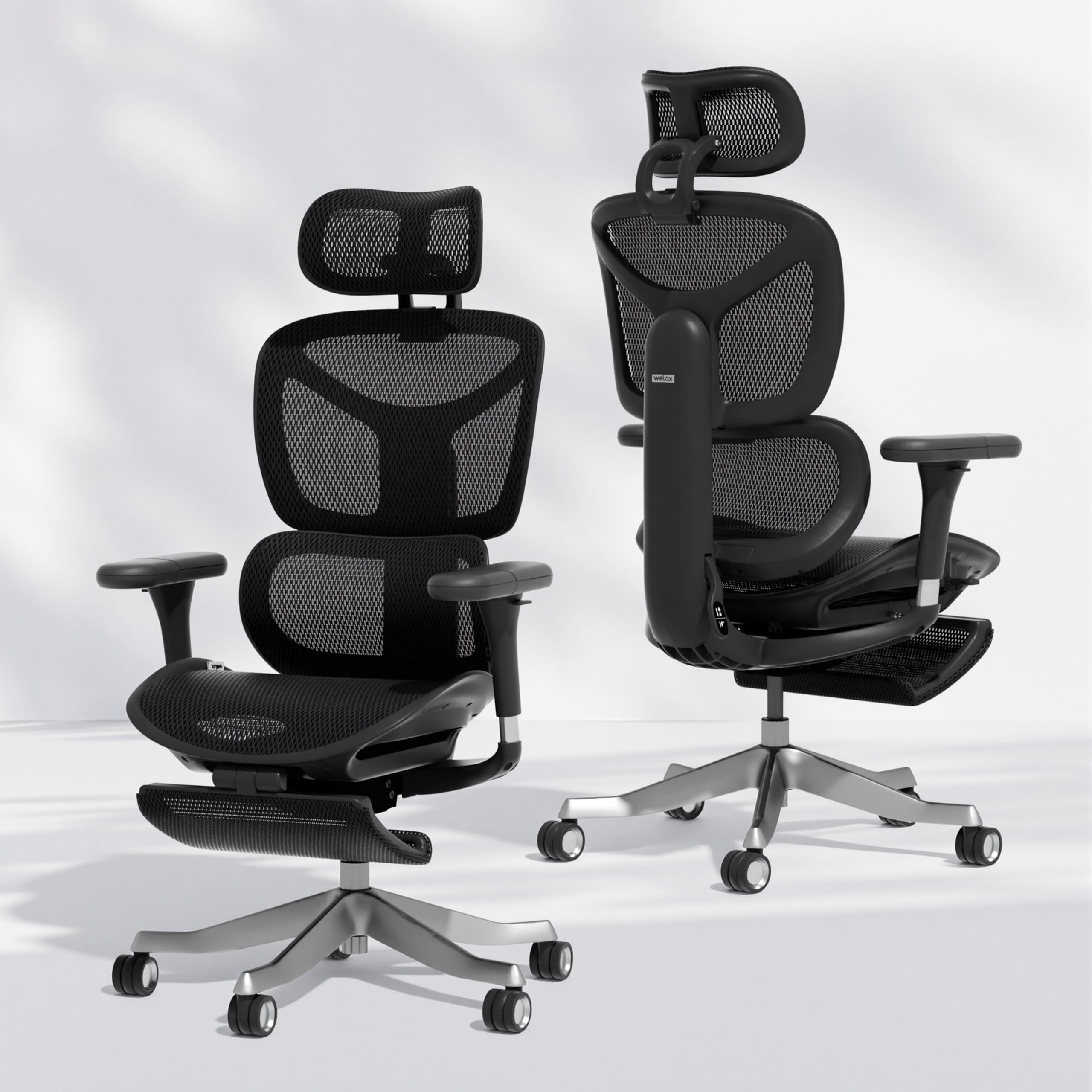 WELAX S9 Pro Ergonomischer Bürostuhl mit Mesh-Rücken, Lendenstütze, Fußstütze, 6D Armlehnen und verstellbarem Sitz – Komfortabler Gaming- und Homeoffice-Stuhl, Schwarz
