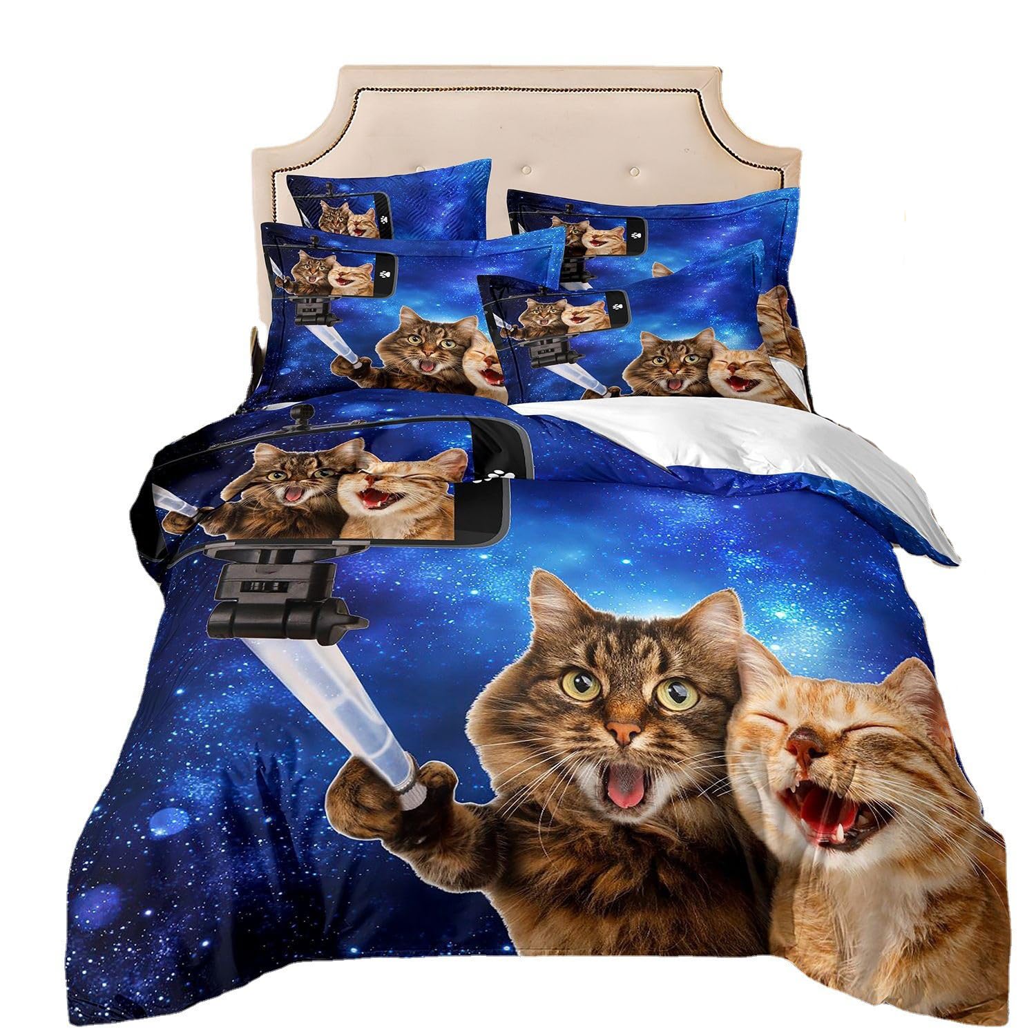 ZZTBQ Blue Galaxy Cat Kids Single Bed Duvet Cover and Pillow Case Set Animal Theme Kids Single Bedding for Boys and Girls 135 x 200 cm