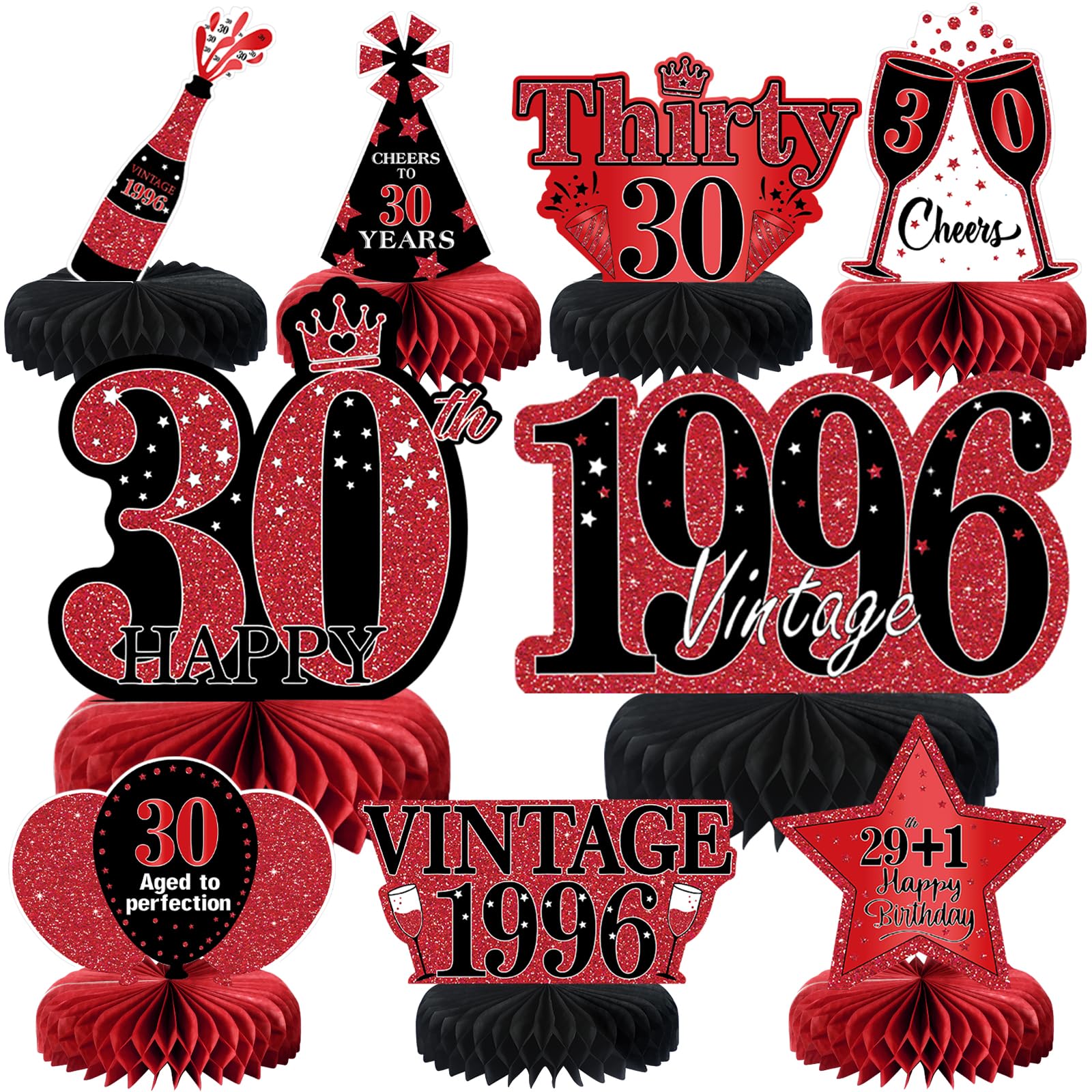 9Pcs 30th Birthday Decorations Red and Black 30th Birthday Party Decorations for Women,Happy 30 Years Vintage 1996 Aged Honeycomb Centerpieces Table Sign Decor Supplies