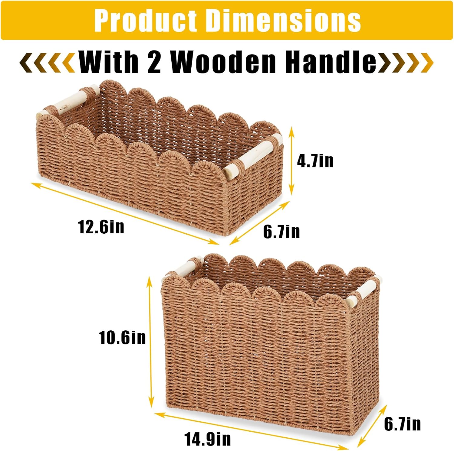 Garvee 2-Pack Scalloped Wicker Baskets for Organizing, Woven Paper Rope Storage Bins with Handles, Toilet Paper Basket Decorative for Countertop, Shelf, Bathroom, Tank Top