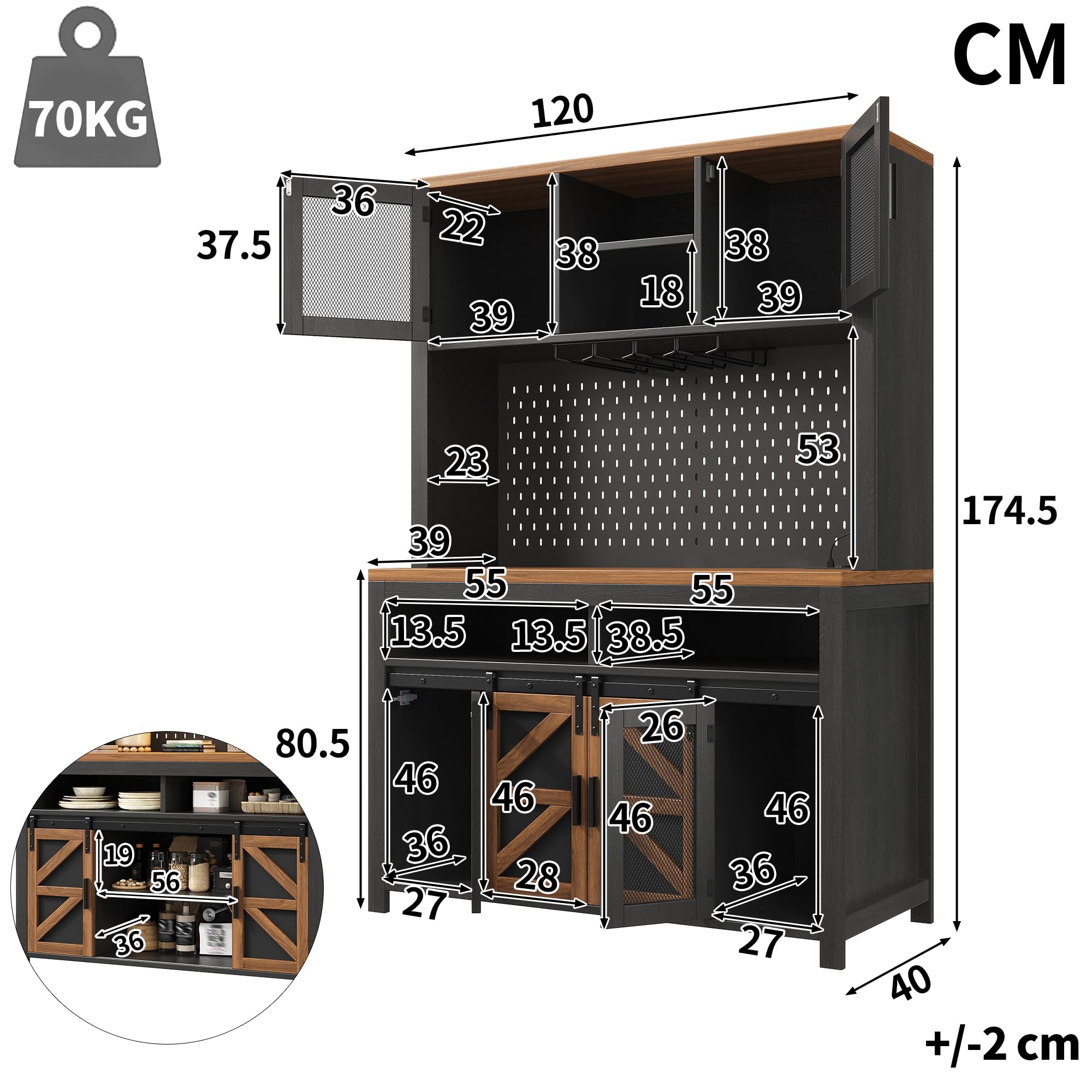 Buffet de Cuisine Haut 174,5 cm avec Plan de Travail, LED RGB, USB et Prise Intégrée, Panneau Perforé, Portes Coulissantes et Rangements Multifonctions, Noir-1