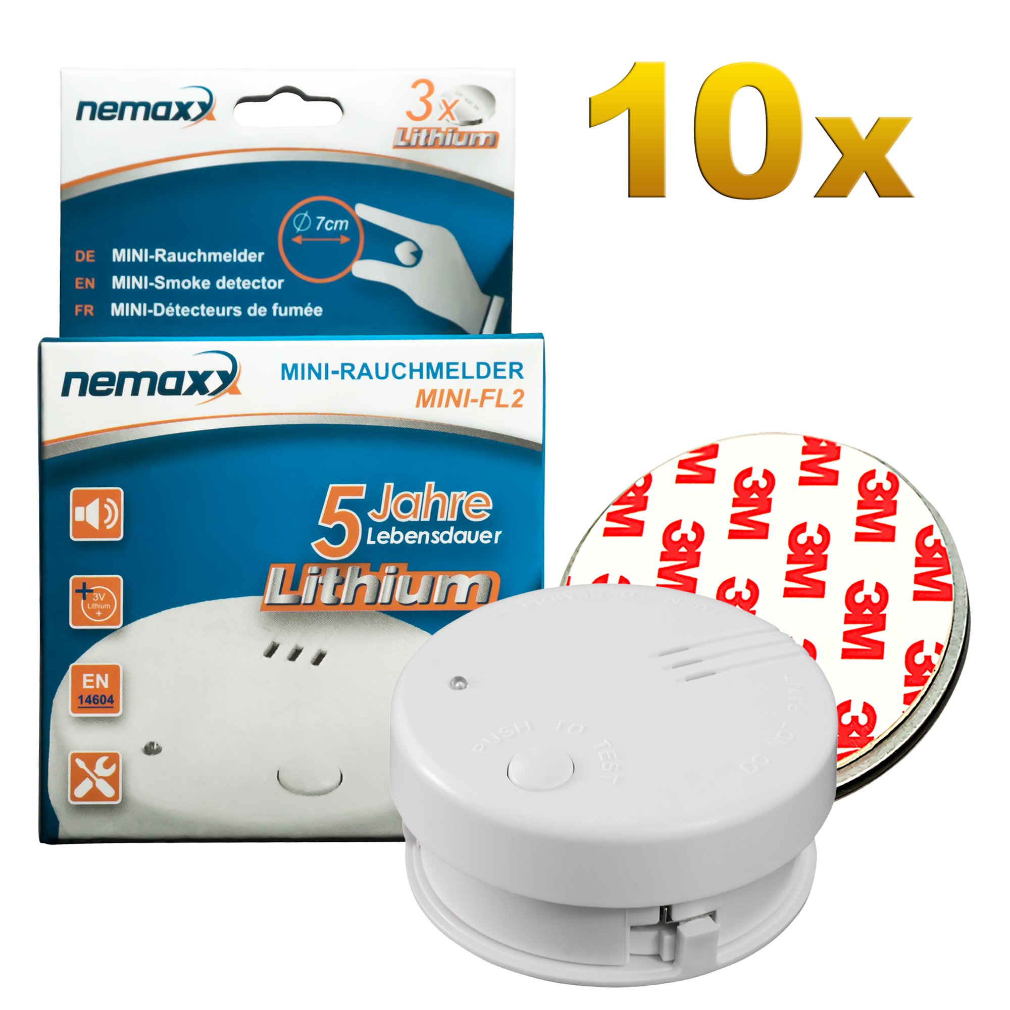 10x NEMAXX Mini-FL2 Rauchmelder - hochwertiger & diskreter Mini Brandmelder Feuermelder Rauchwarnmelder mit Lithium Batterie - nach DIN EN 14604 + 10x NEMAXX Magnetbefestigung