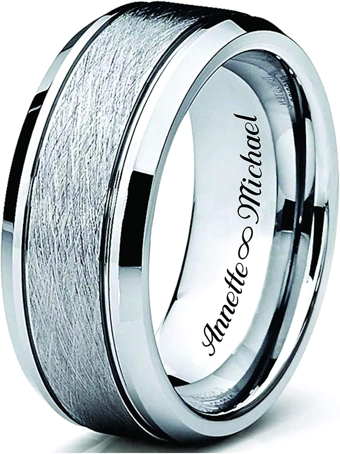 Personalized Silver Textured Tungsten Ring Engraved Free - Silver Men's Wedding Band - Custom Engagement Ring | Free Engraving in Any Language - Ships from USA