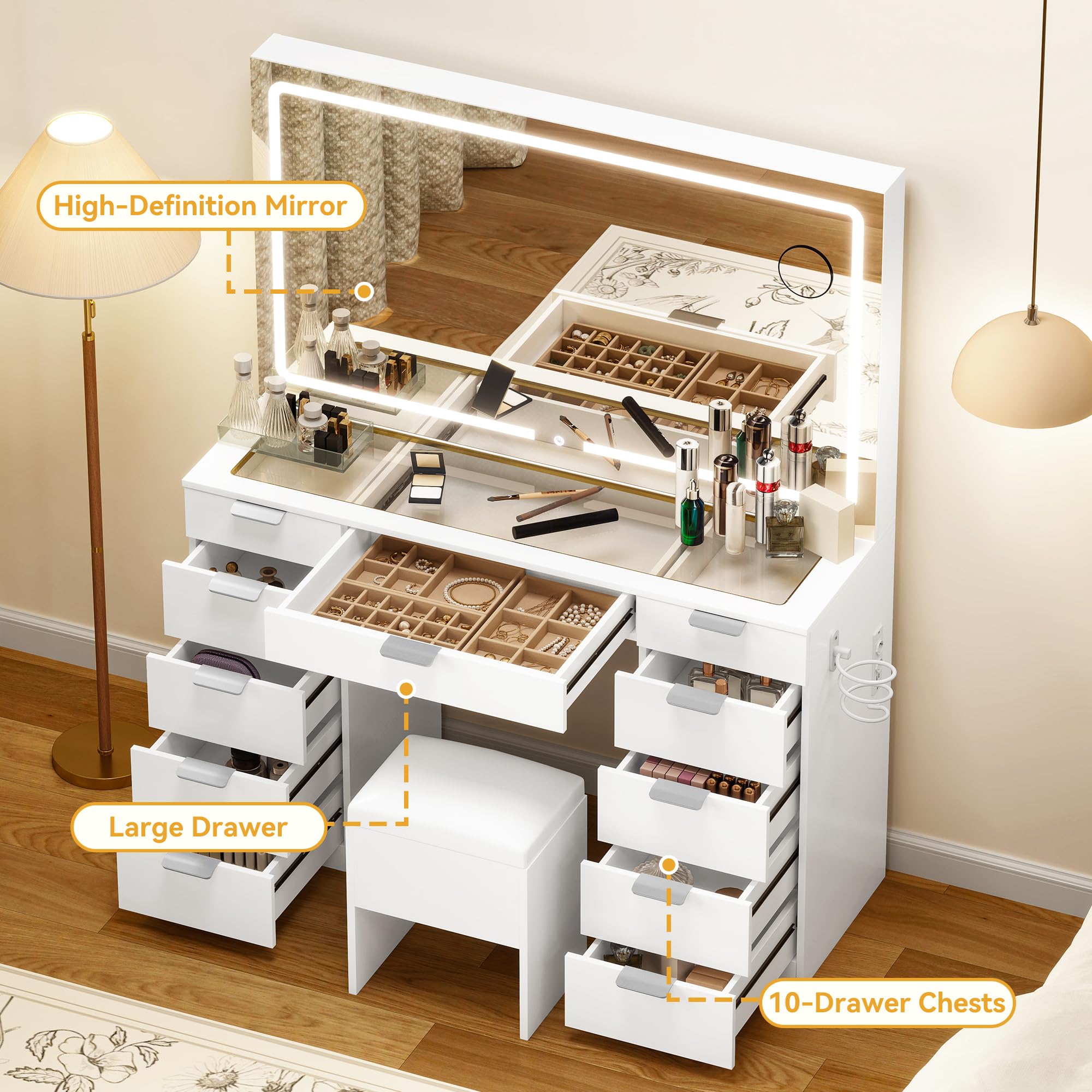 DWVO Schminktisch mit Spiegel, Kosmetiktisch mit 11 Schubladen, Beleuchtung, Steckdose, Weiß (Make Up Tisch, Frisiertisch, Kosmetiktisch, Vanity Table)