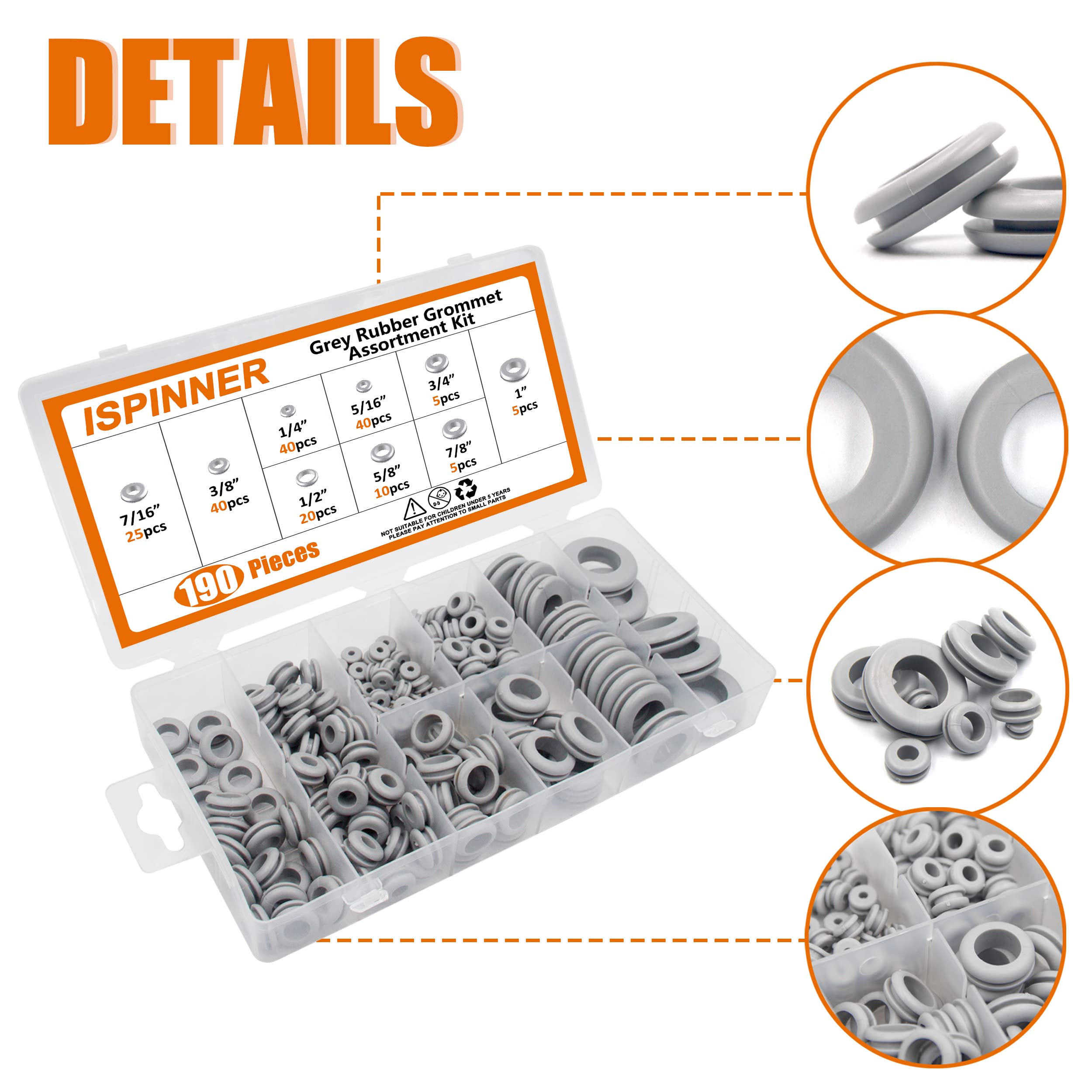 ISPINNER Juego de 190 arandelas de goma, 9 tamaños, 1/4, 5/16, 3/8, 7/16, 1/2, 5/8, 3/8, 2,5 cm, color gris