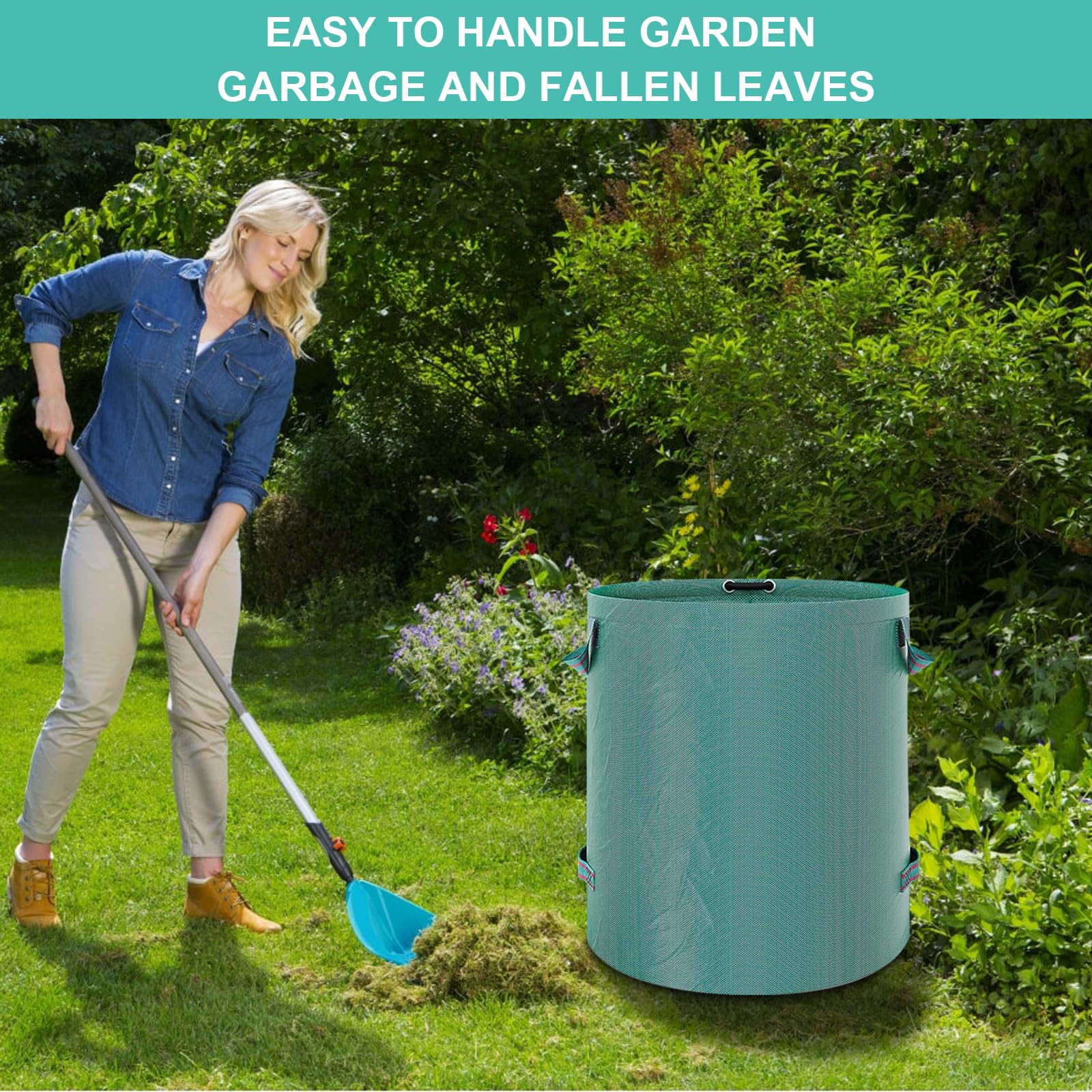 4X 500L Gartenabfallsack,Selbststehend Witterungsbeständig - Abwaschbar Stabile Gartensäcke Laubsack Gartensack für Grünabfälle mit Griffen für einfaches für Gras Laub Hecke Gartenabfall (4p)