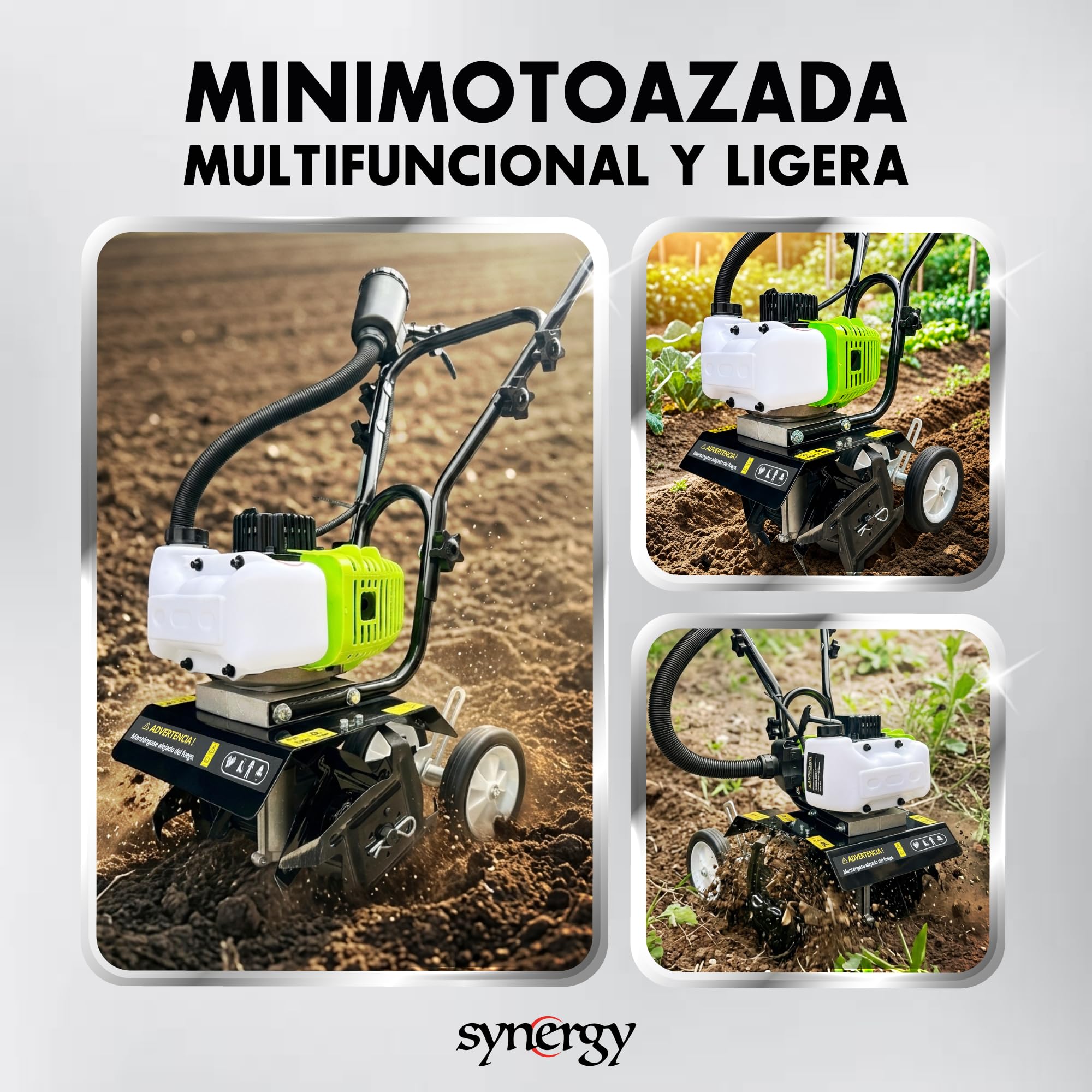 Synergy Mini Motoazada Gasolina 52cc 2CV – Motor 2 Tiempos – Ancho de Trabajo 26cm – 4 Cuchillas Reforzadas y Ruedas de Transporte – Modelo Groundwork