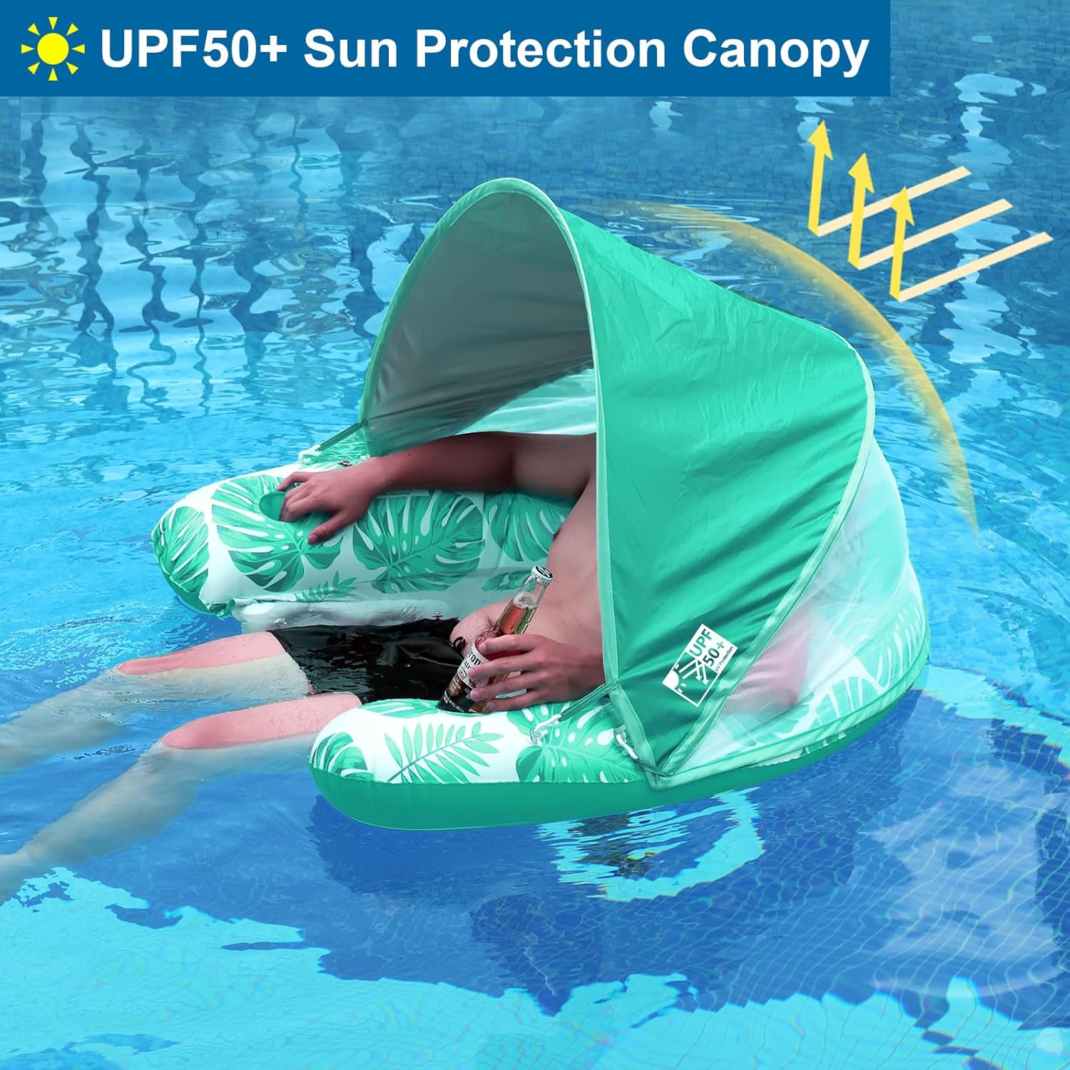 COOLCOOLDEE Pool Float with Canopy, Cup Holder - XL Pool Chair Lounge Float with Adjustable Sun Shade Cover, Drink Holder, Ergonomic Headrest,Inflatable Pool Float for Adults