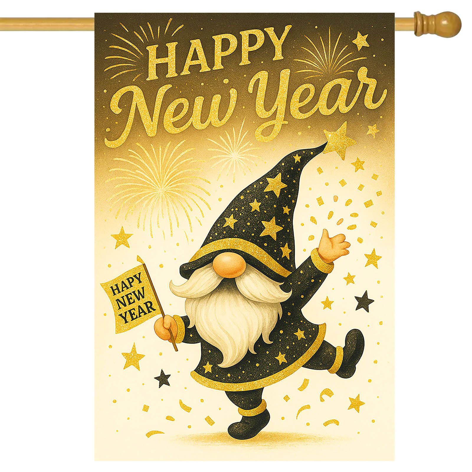 Drapeau de maison Happy New Year haut de gamme double face avec finitions dorées