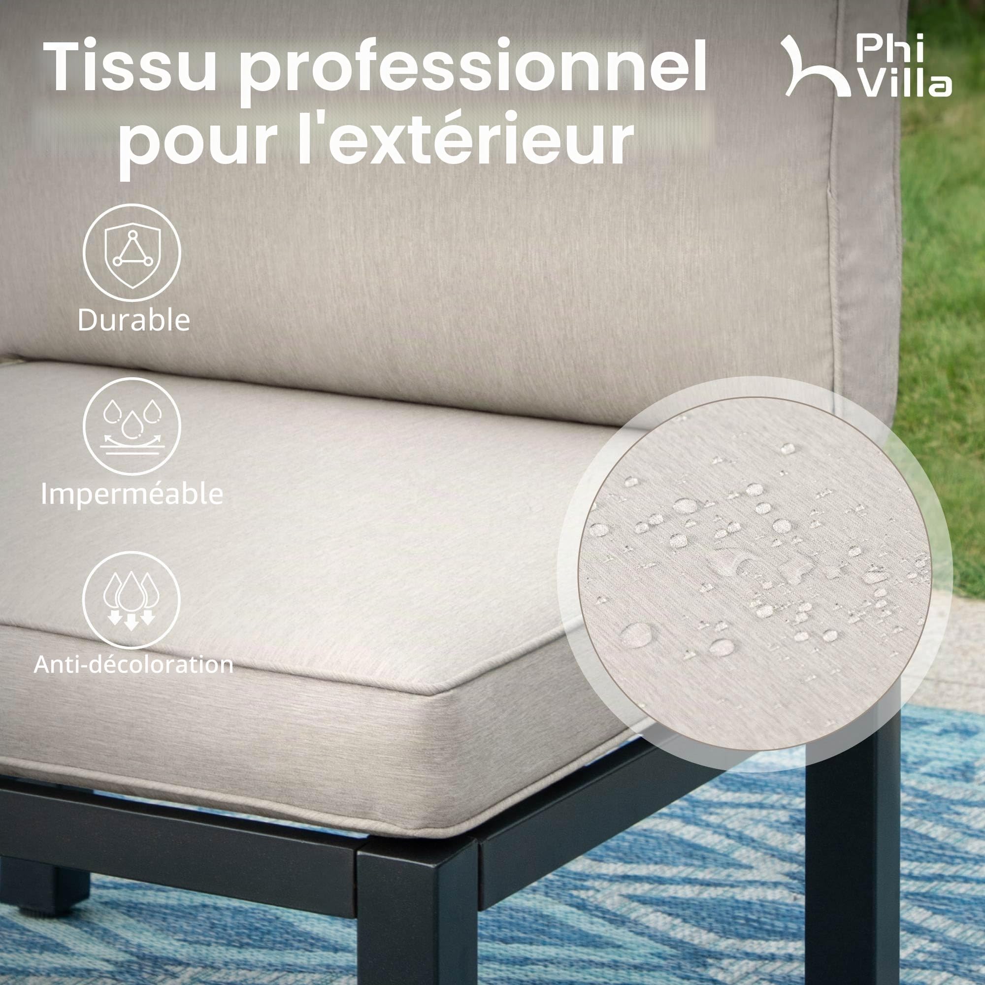 PHI VILLA Ensemble de meubles de jardin de balcon 5 pièces en métal - Salon de jardin d'extérieur 6 places - Mobilier de terrasse modulaire avec coussins renforcés et table basse - Beige